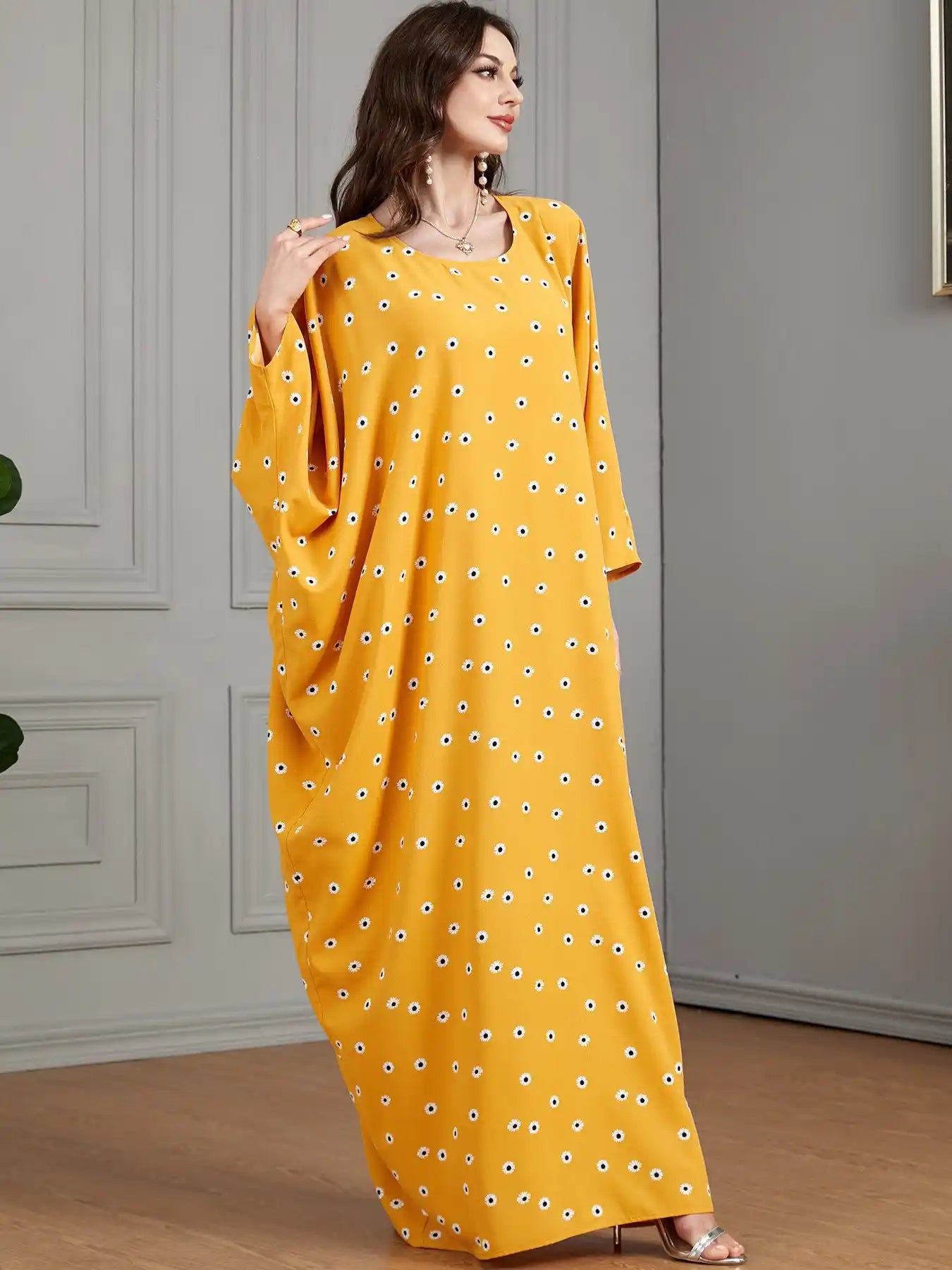 3528 Arabic Yellow Floral Bat Muslim Dress