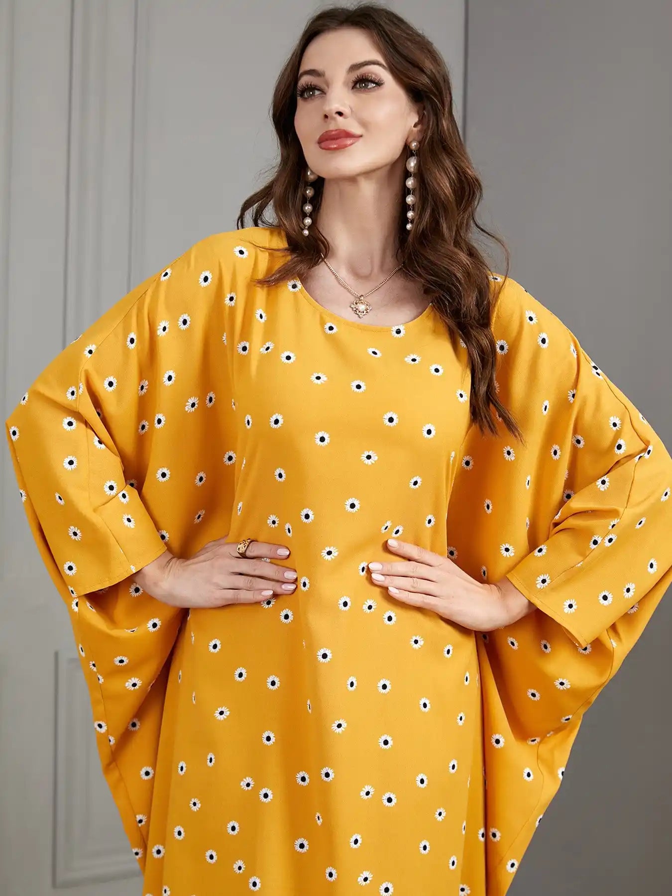 3528 Arabic Yellow Floral Bat Muslim Dress