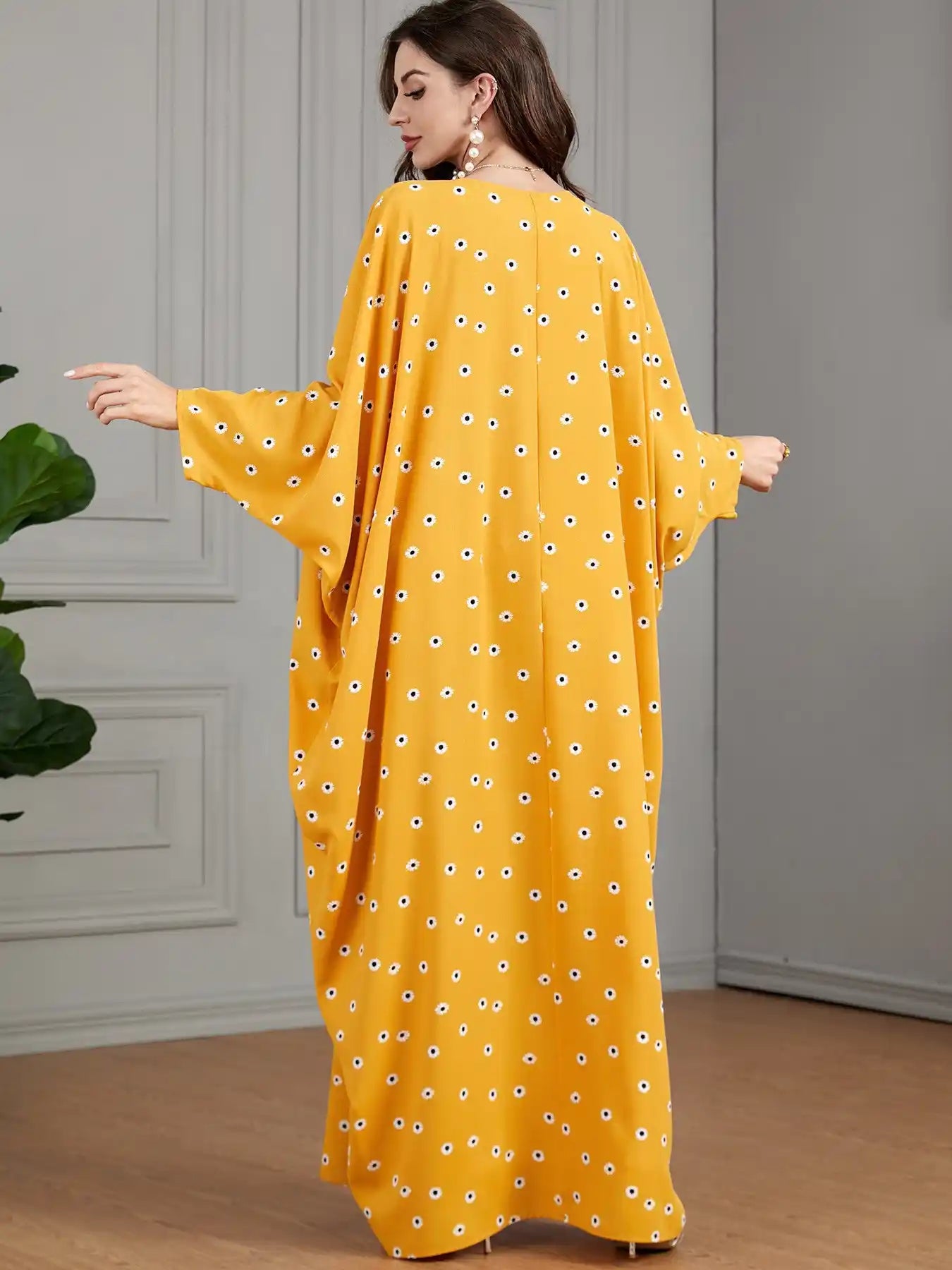 3528 Arabic Yellow Floral Bat Muslim Dress