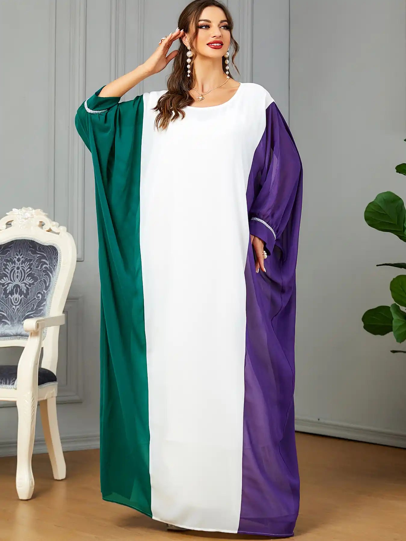 3571 Muslim Robe Contrast Color Dubai Dress