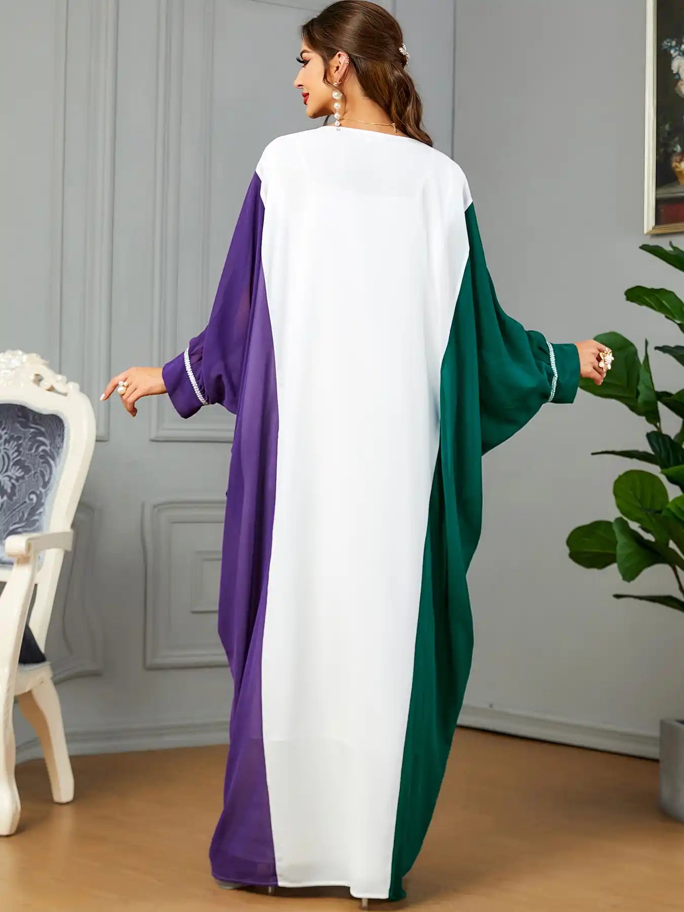 3571 Muslim Robe Contrast Color Dubai Dress