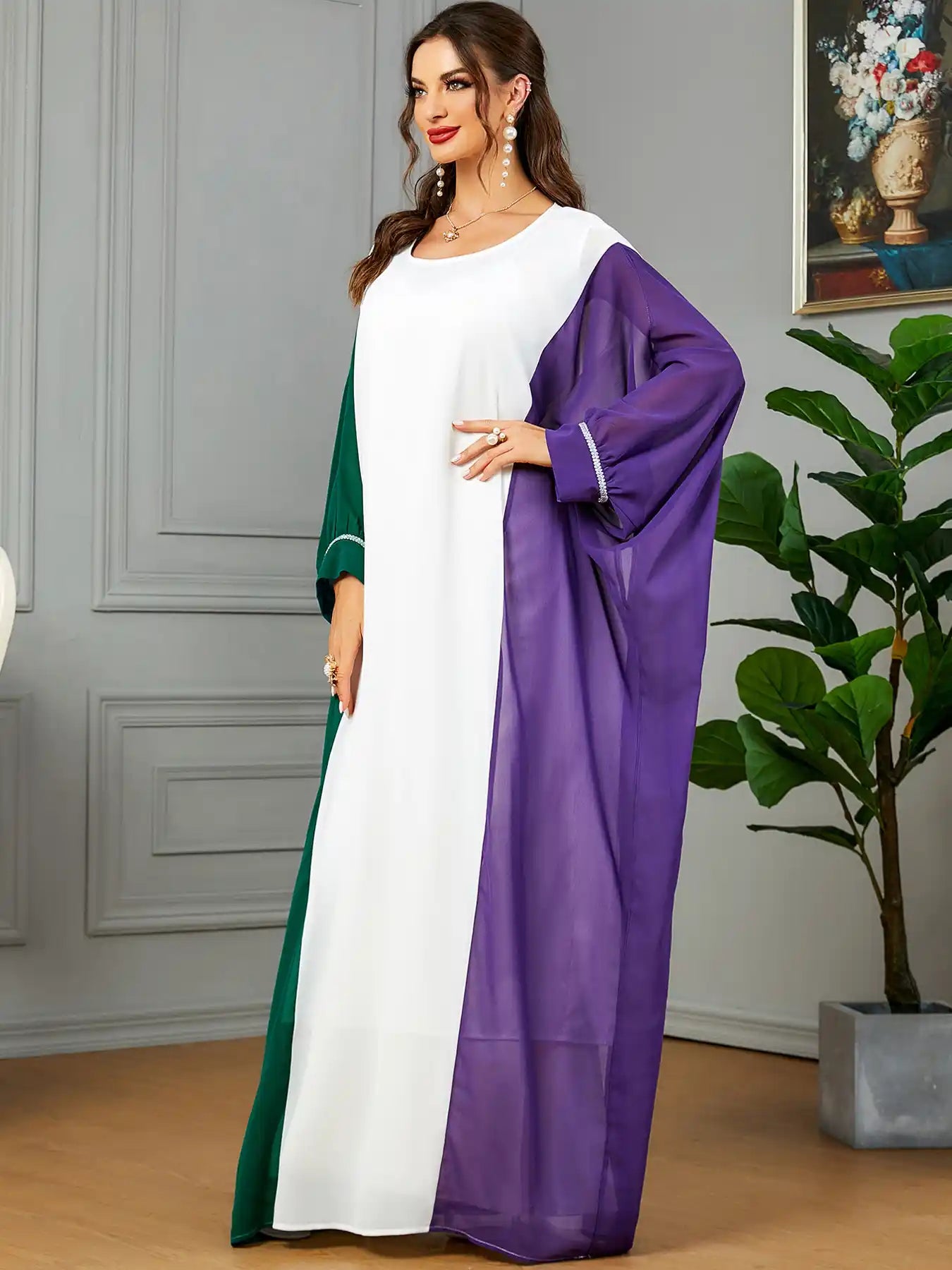 3571 Muslim Robe Contrast Color Dubai Dress