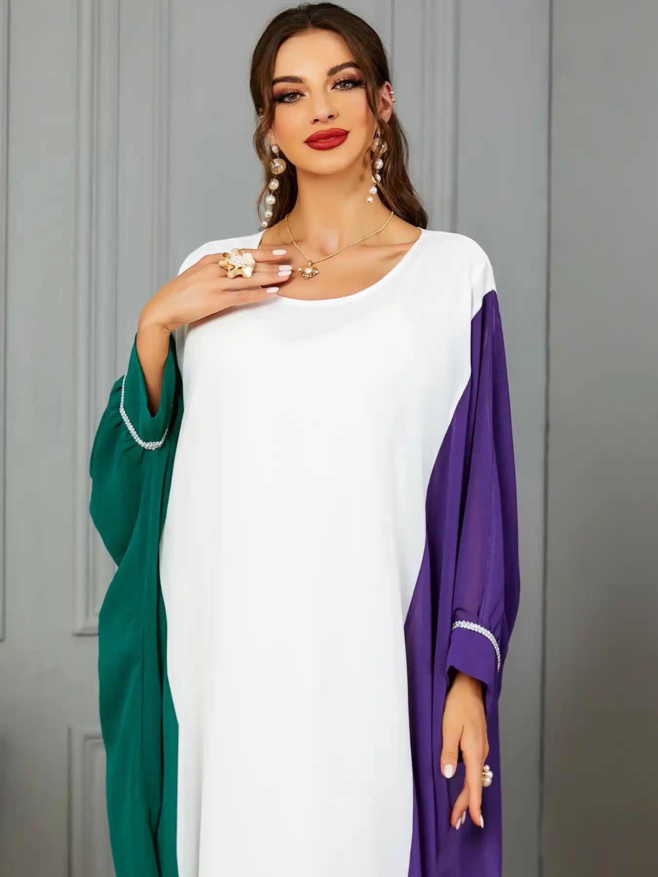 3571 Muslim Robe Contrast Color Dubai Dress