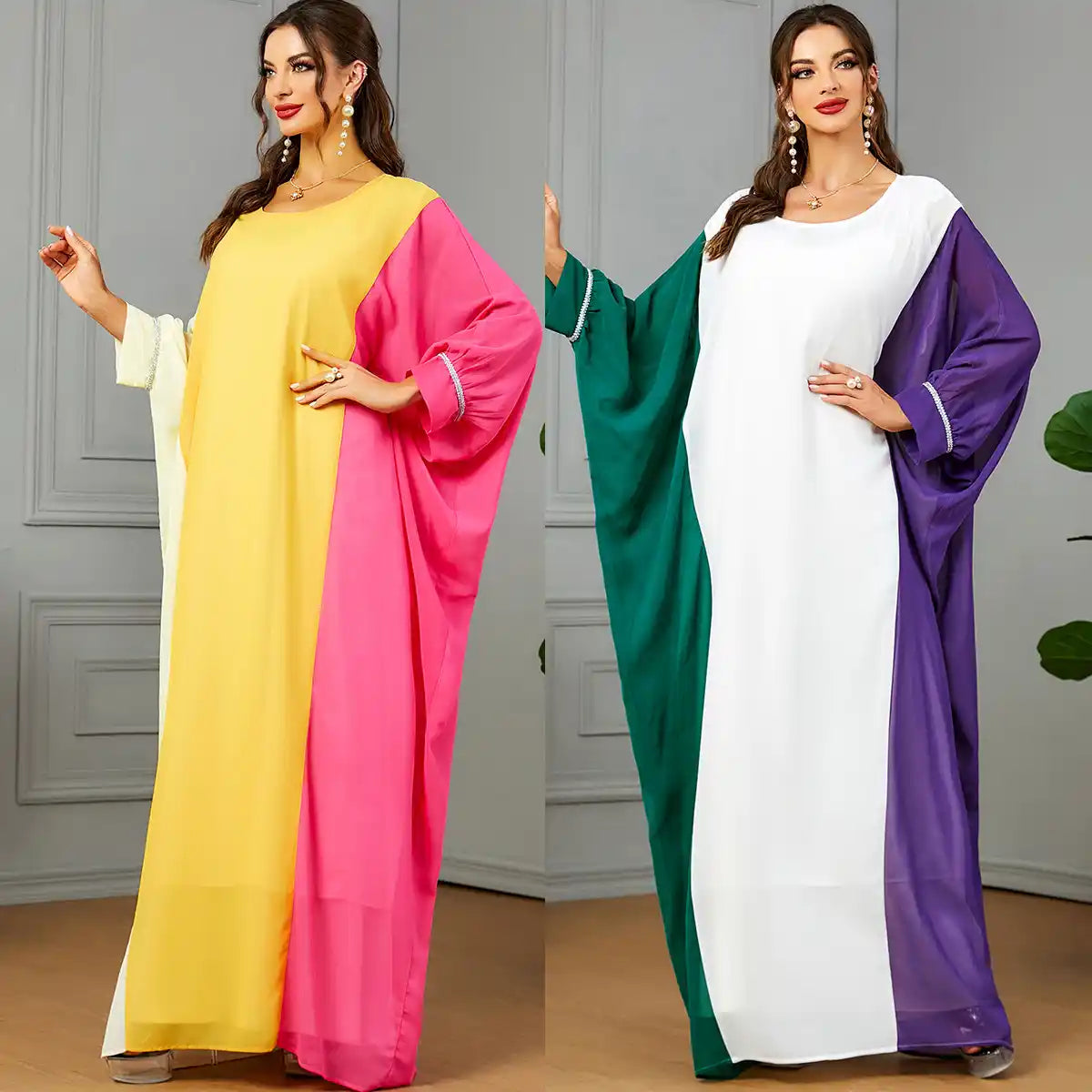 3571 Muslim Robe Contrast Color Dubai Dress