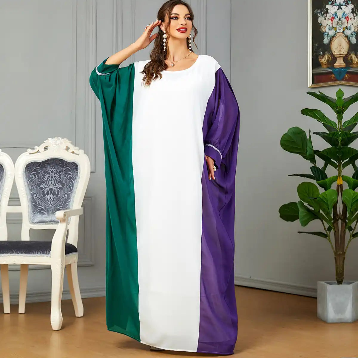 3571 Muslim Robe Contrast Color Dubai Dress