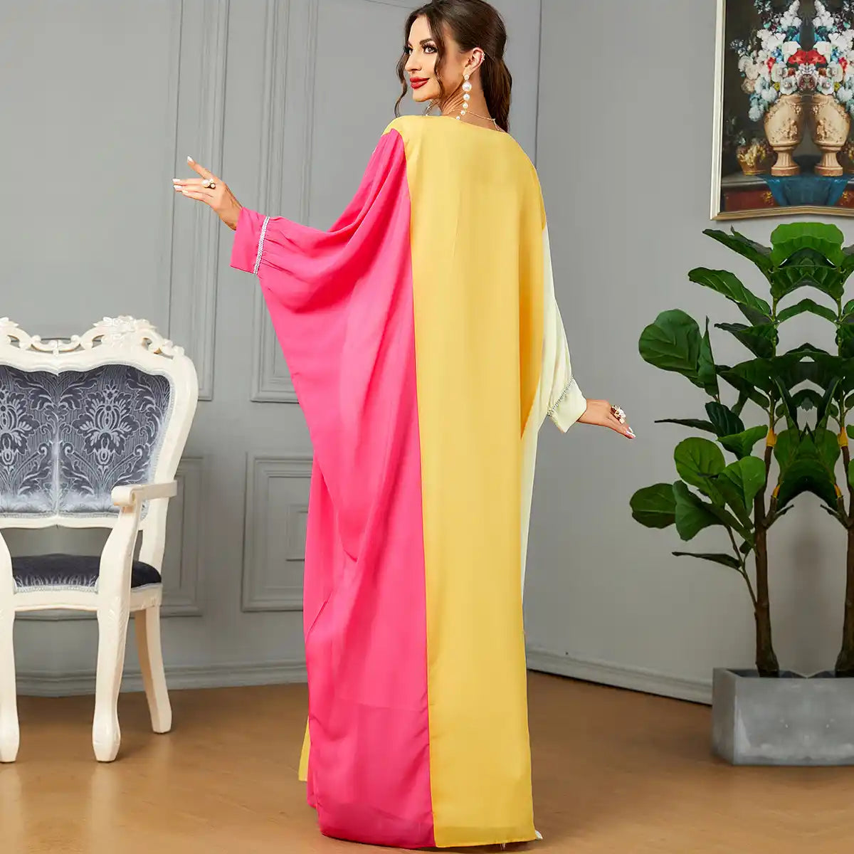 3571 Muslim Robe Contrast Color Dubai Dress