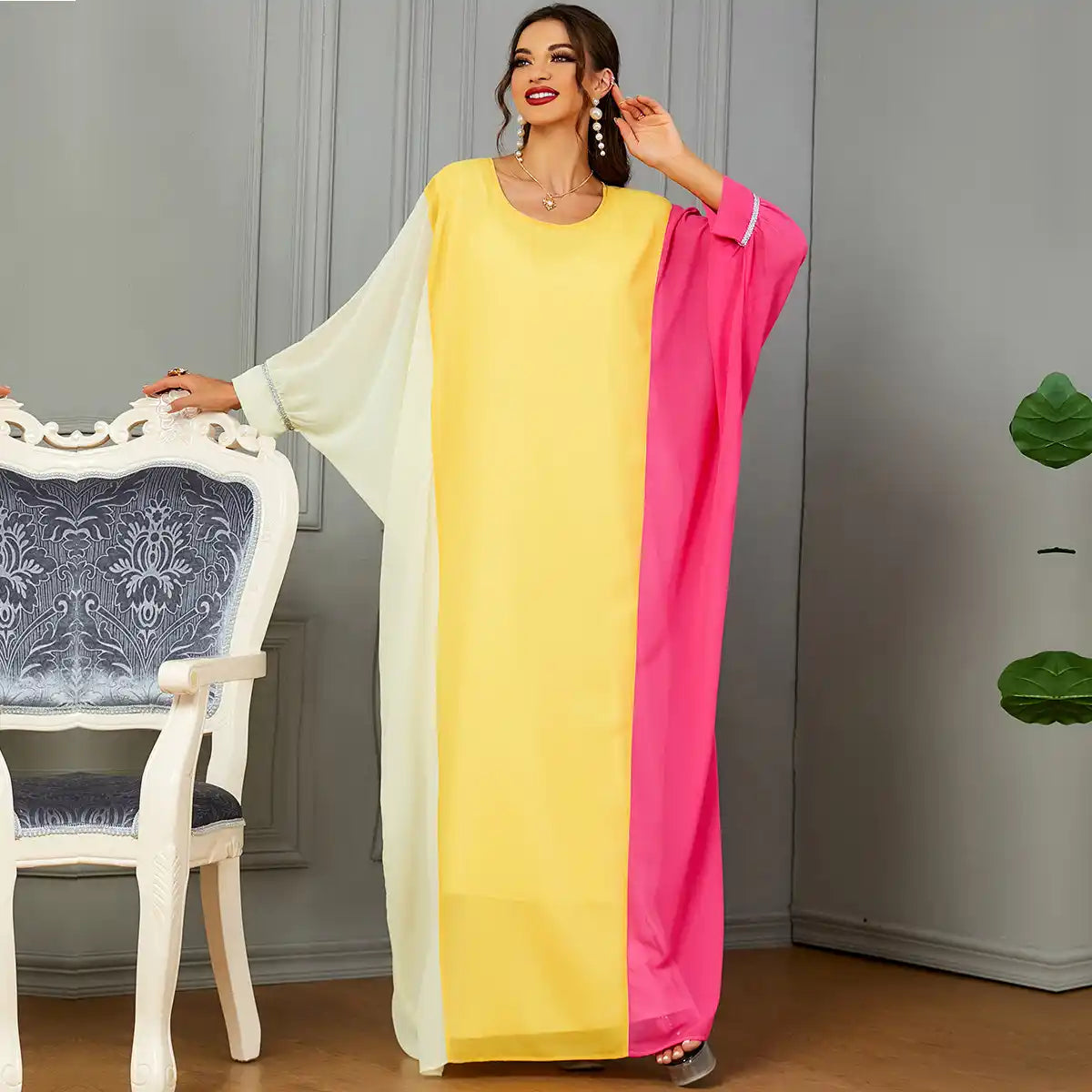 3571 Muslim Robe Contrast Color Dubai Dress