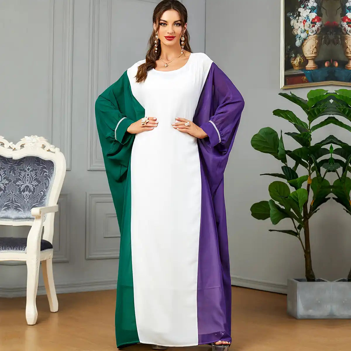 3571 Muslim Robe Contrast Color Dubai Dress