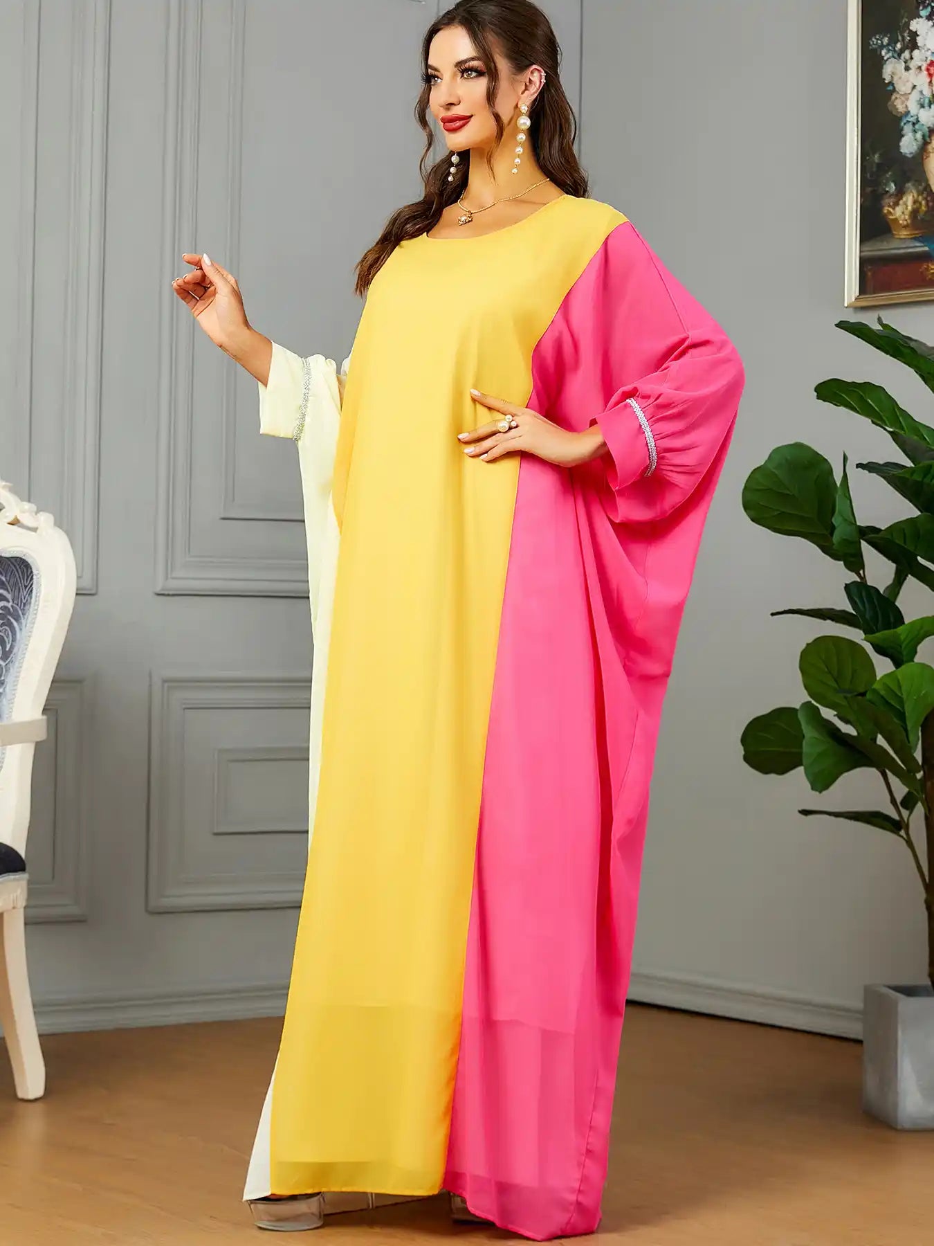 3571 Muslim Robe Contrast Color Dubai Dress