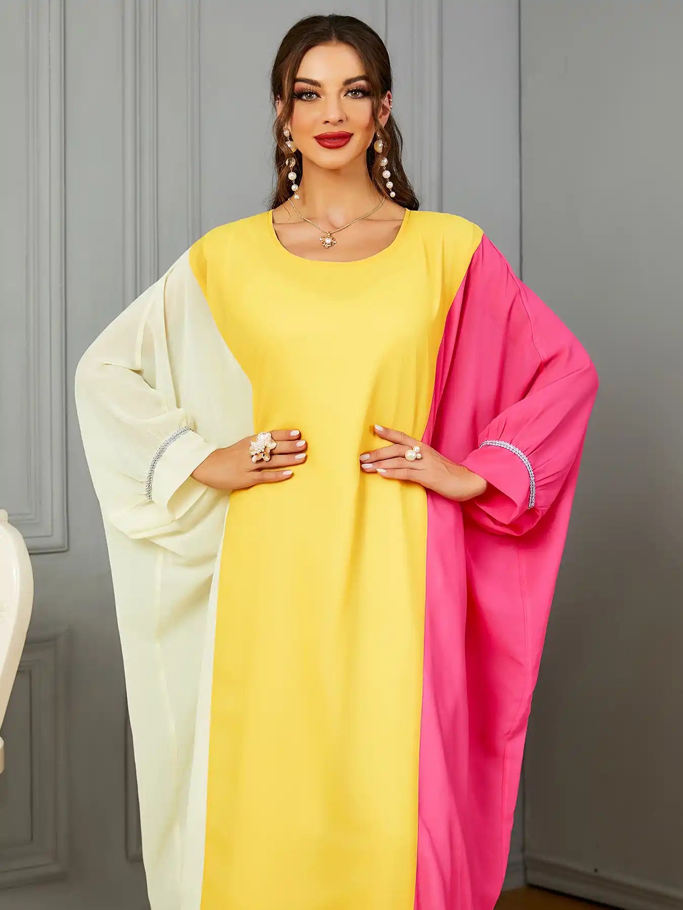 3571 Muslim Robe Contrast Color Dubai Dress