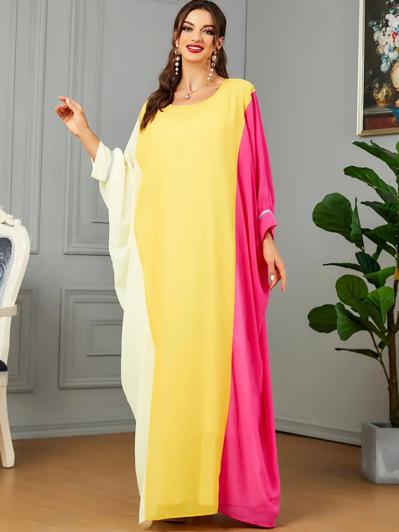 3571 Muslim Robe Contrast Color Dubai Dress