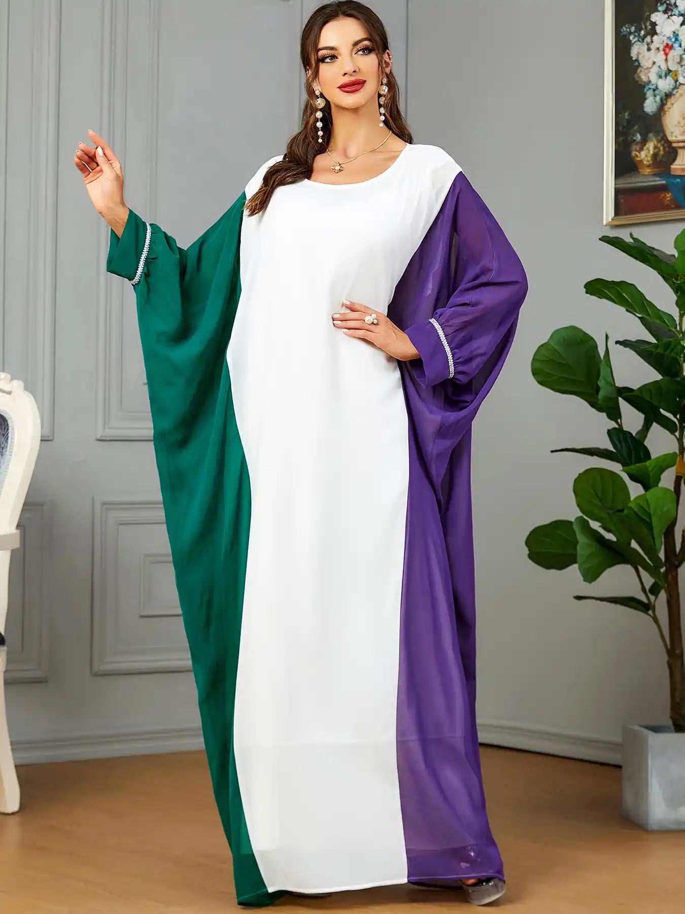 3571 Muslim Robe Contrast Color Dubai Dress