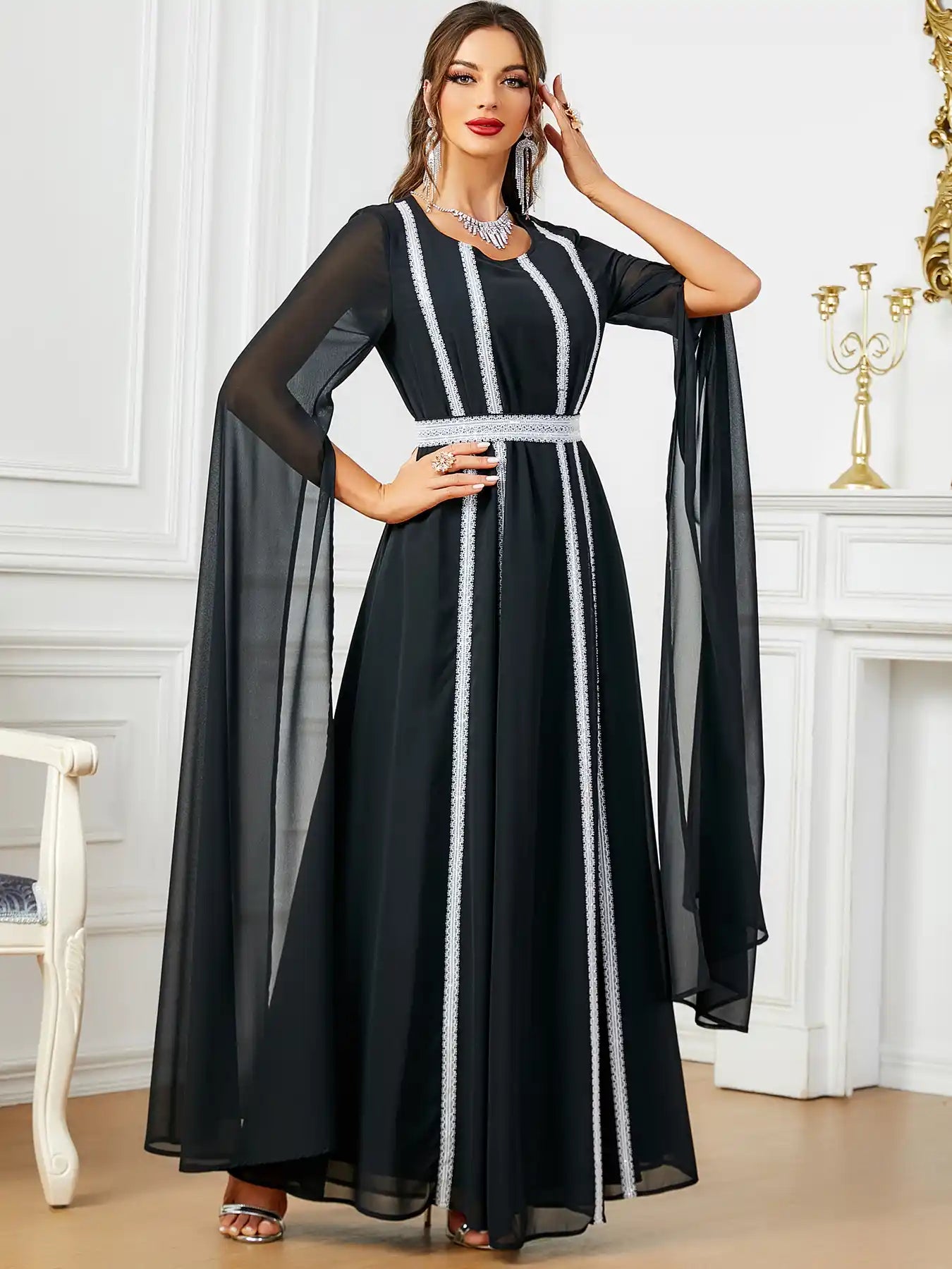3601 Dubai Ultra-long Sleeve Evening Dress Muslim Women's Clothing