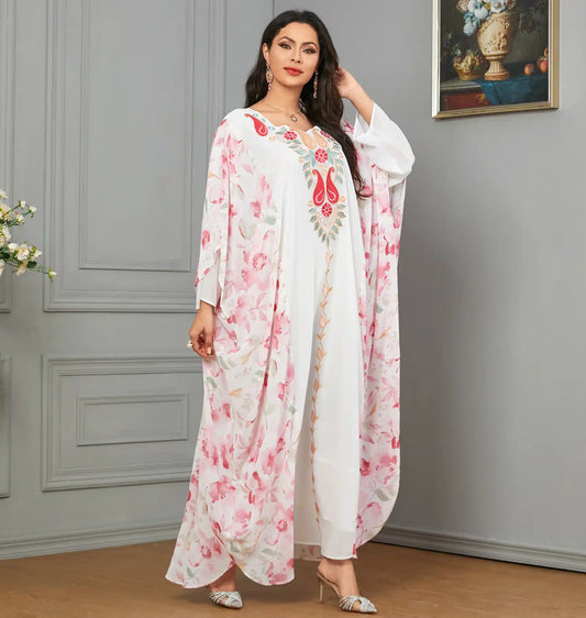 3628 Muslim Arab Dubai Robe Embroidery Floral Bat Sleeve Dress
