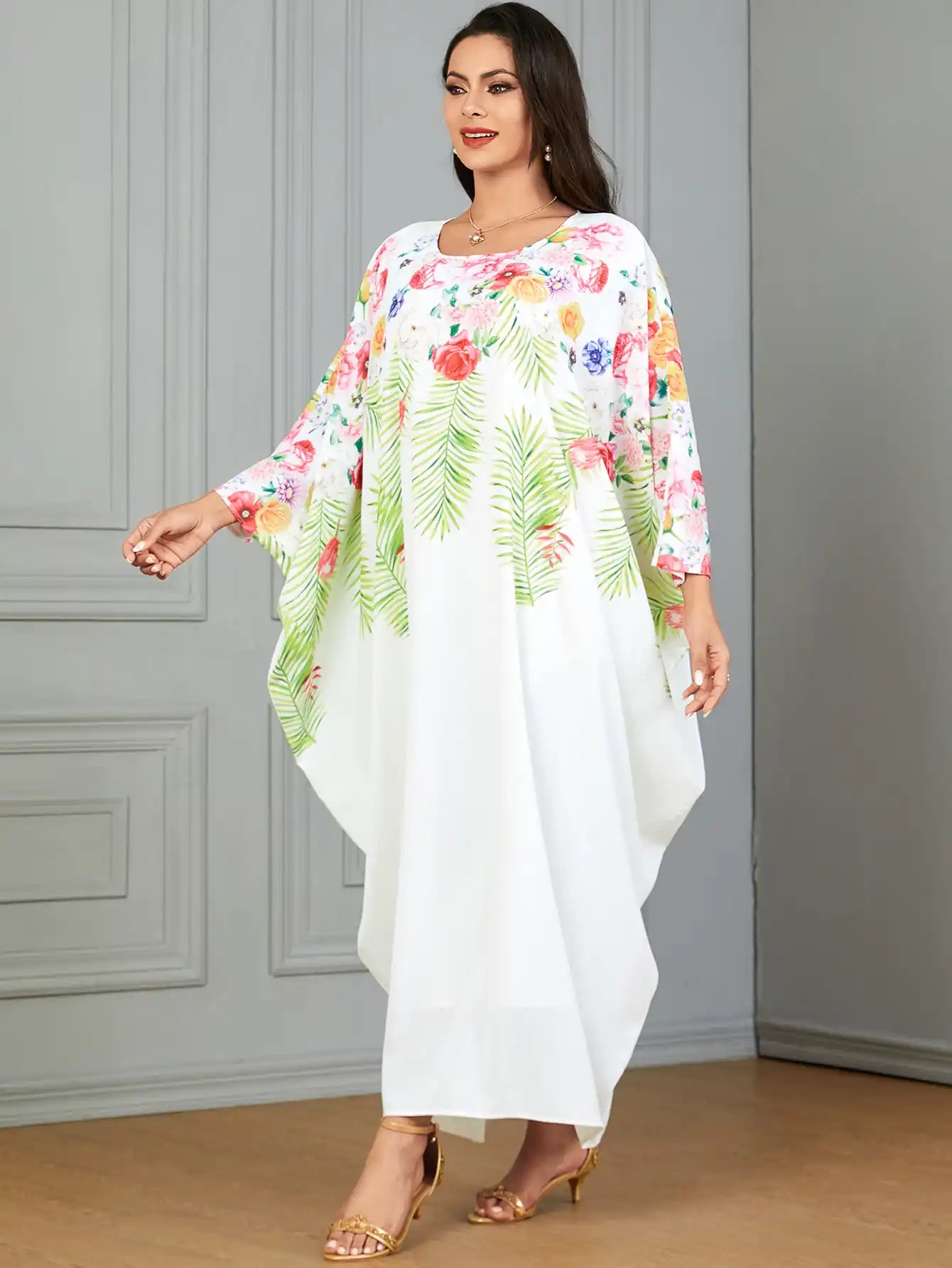 3861 Arab Robe Floral Solid Abayas Dress