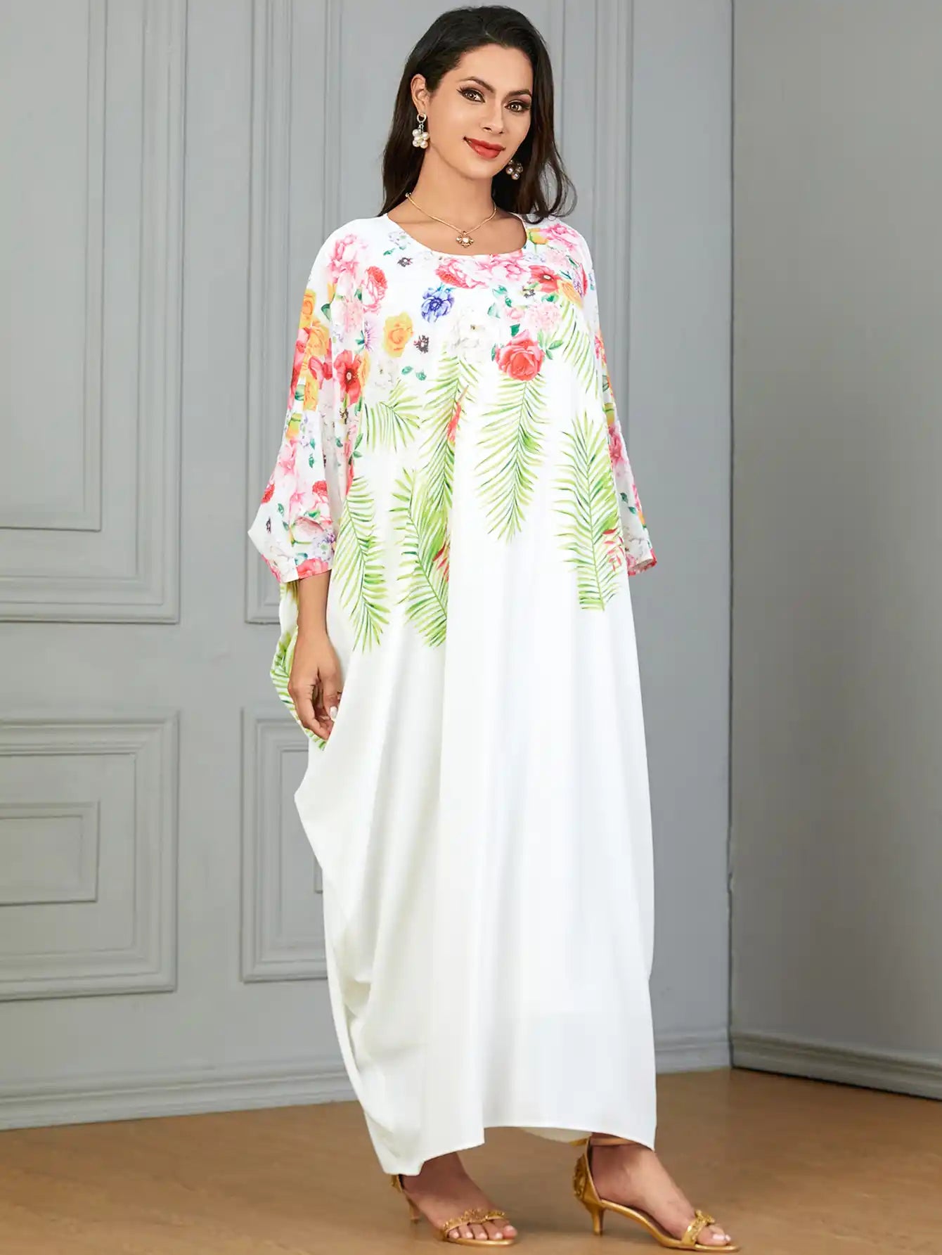 3861 Arab Robe Floral Solid Abayas Dress
