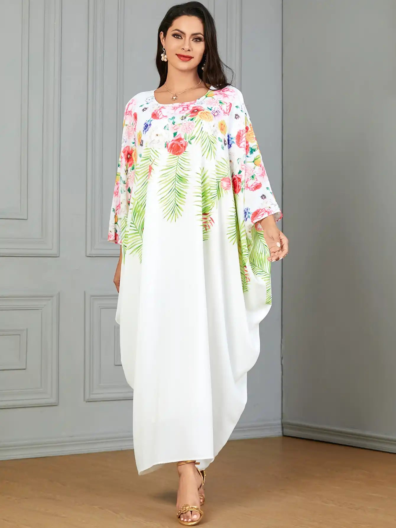 3861 Arab Robe Floral Solid Abayas Dress