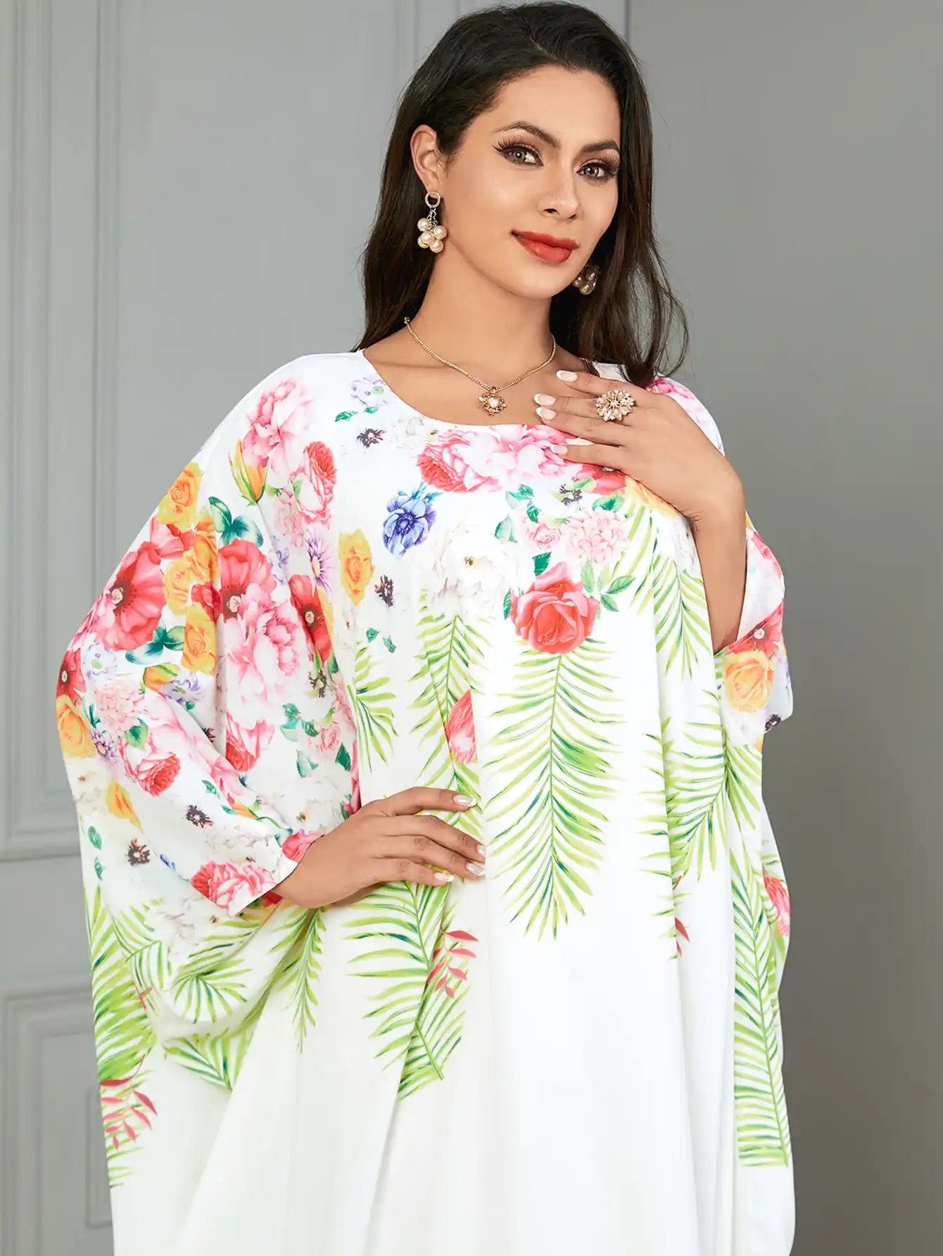 3861 Arab Robe Floral Solid Abayas Dress