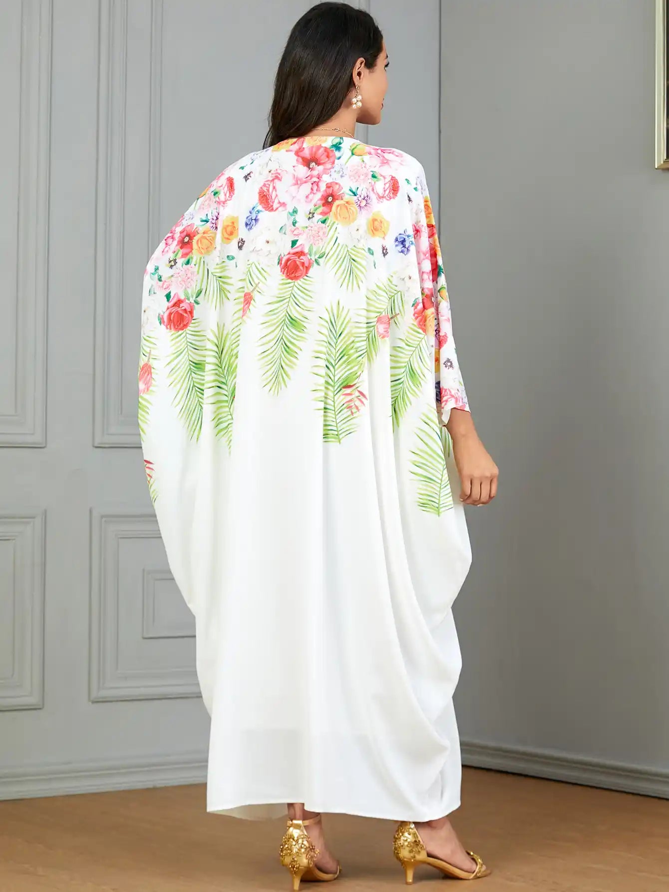 3861 Arab Robe Floral Solid Abayas Dress