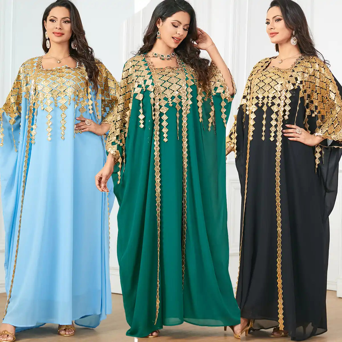 3906 Gold-colored Decorated Muslim Robe Loose Two-piece Dress