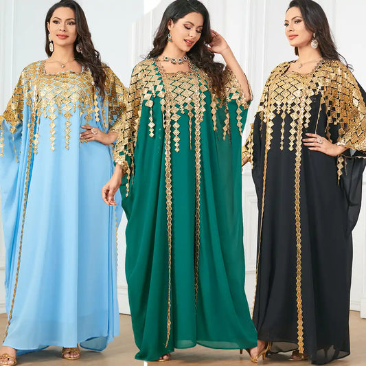 3906 Gold-colored Decorated Muslim Robe Loose Two-piece Dress