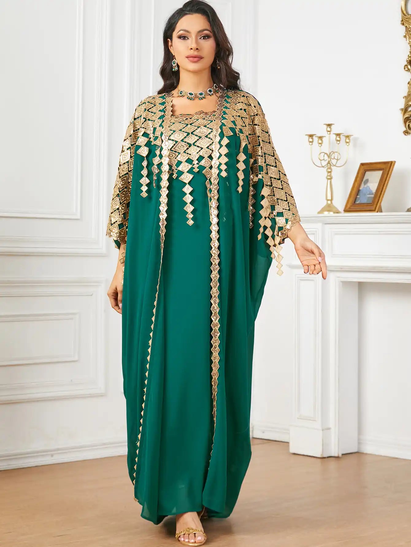 3906 Gold-colored Decorated Muslim Robe Loose Two-piece Dress