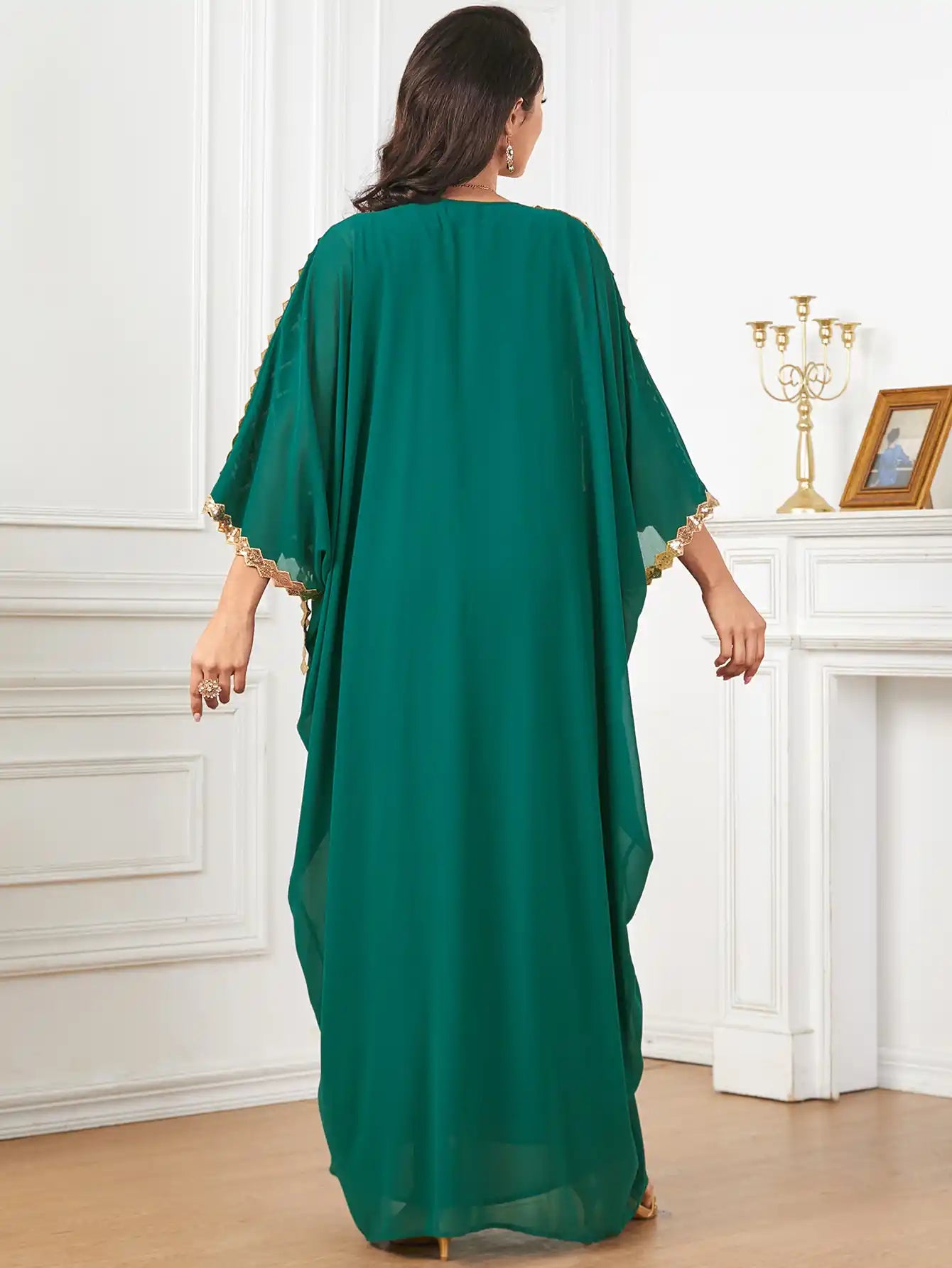 3906 Gold-colored Decorated Muslim Robe Loose Two-piece Dress