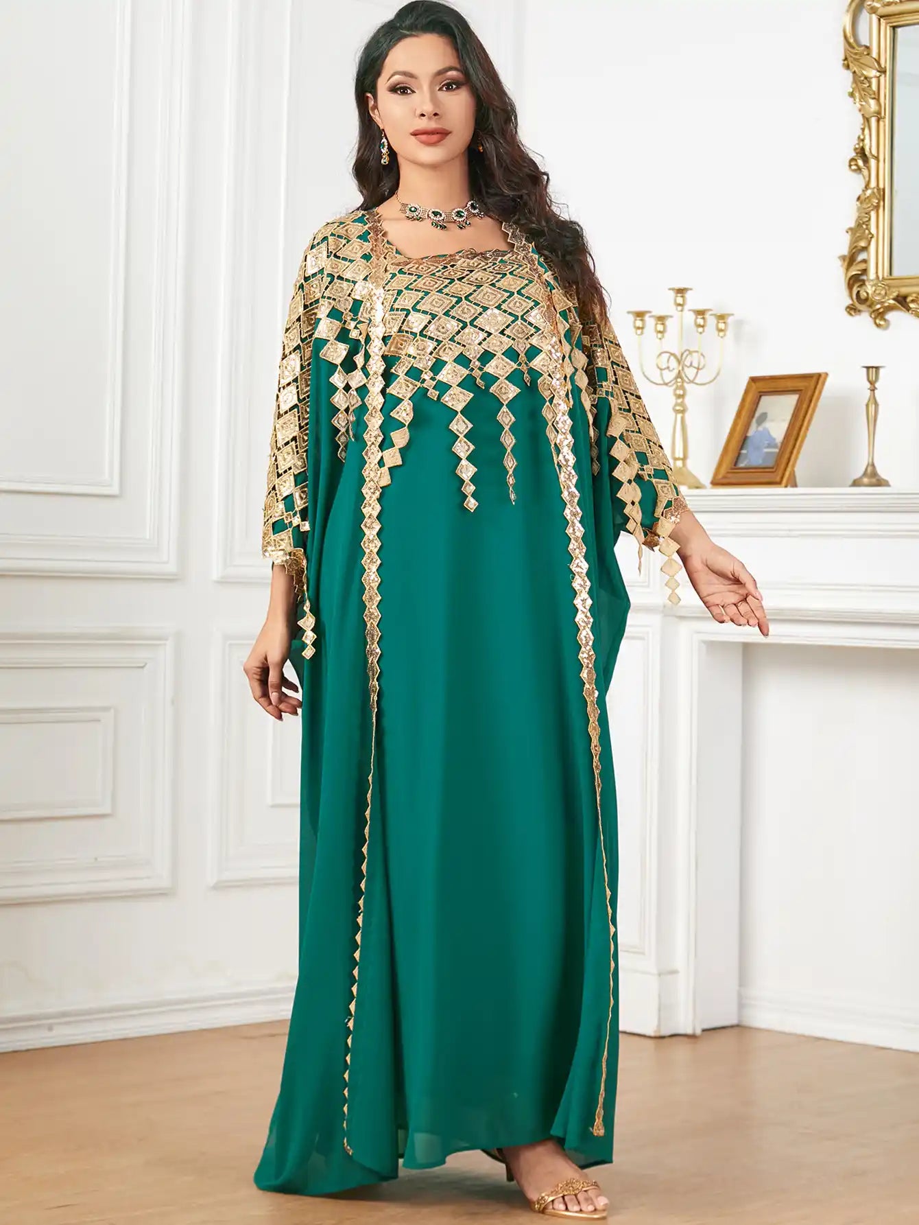 3906 Gold-colored Decorated Muslim Robe Loose Two-piece Dress