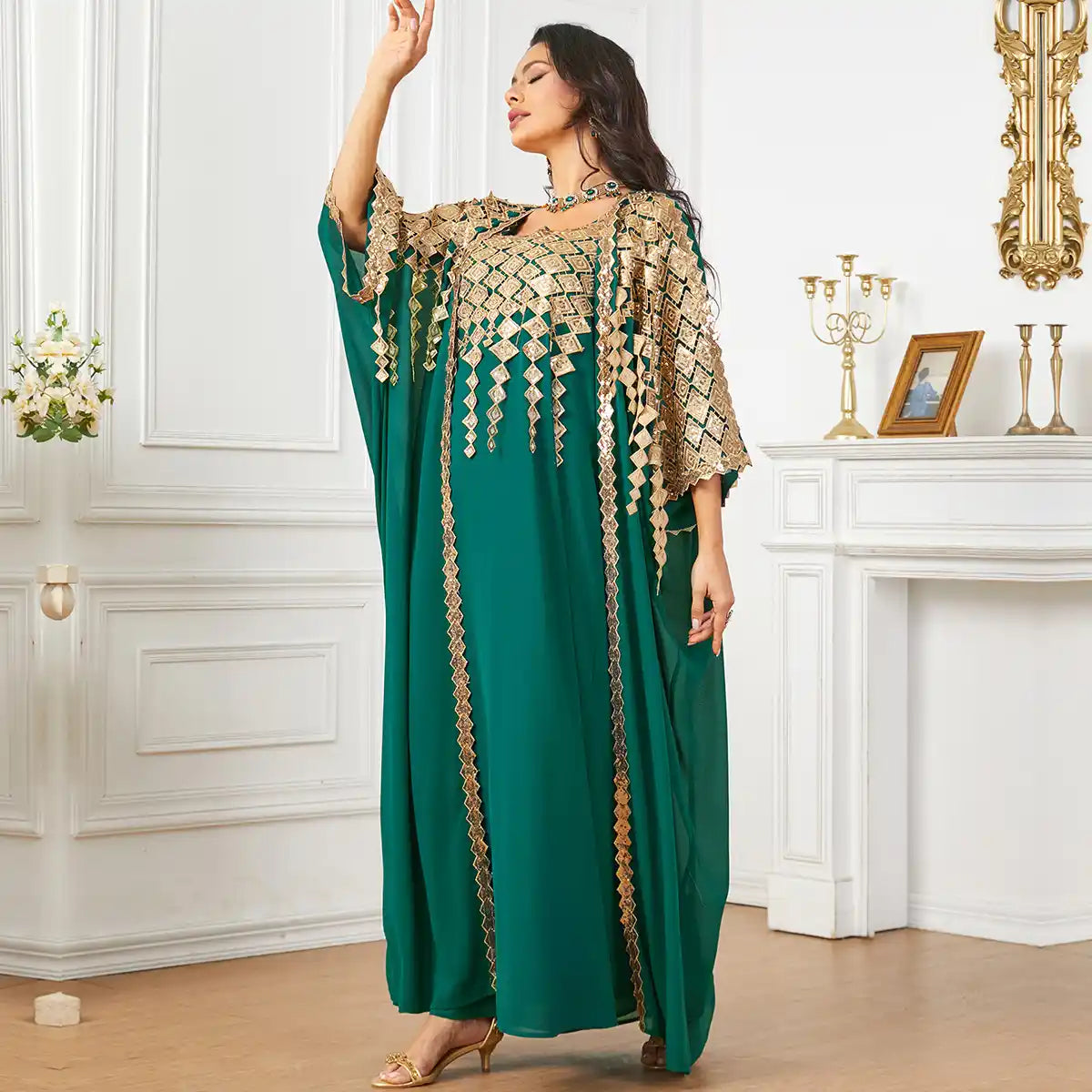 3906 Gold-colored Decorated Muslim Robe Loose Two-piece Dress