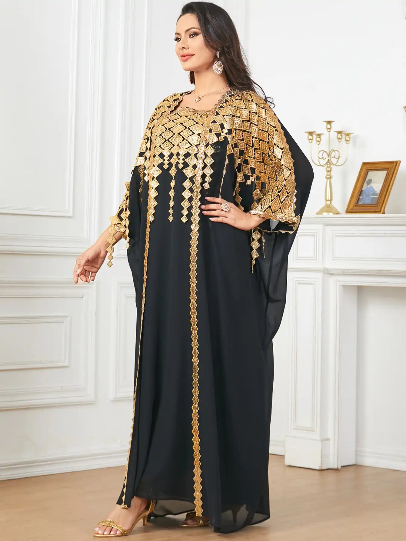 3906 Gold-colored Decorated Muslim Robe Loose Two-piece Dress