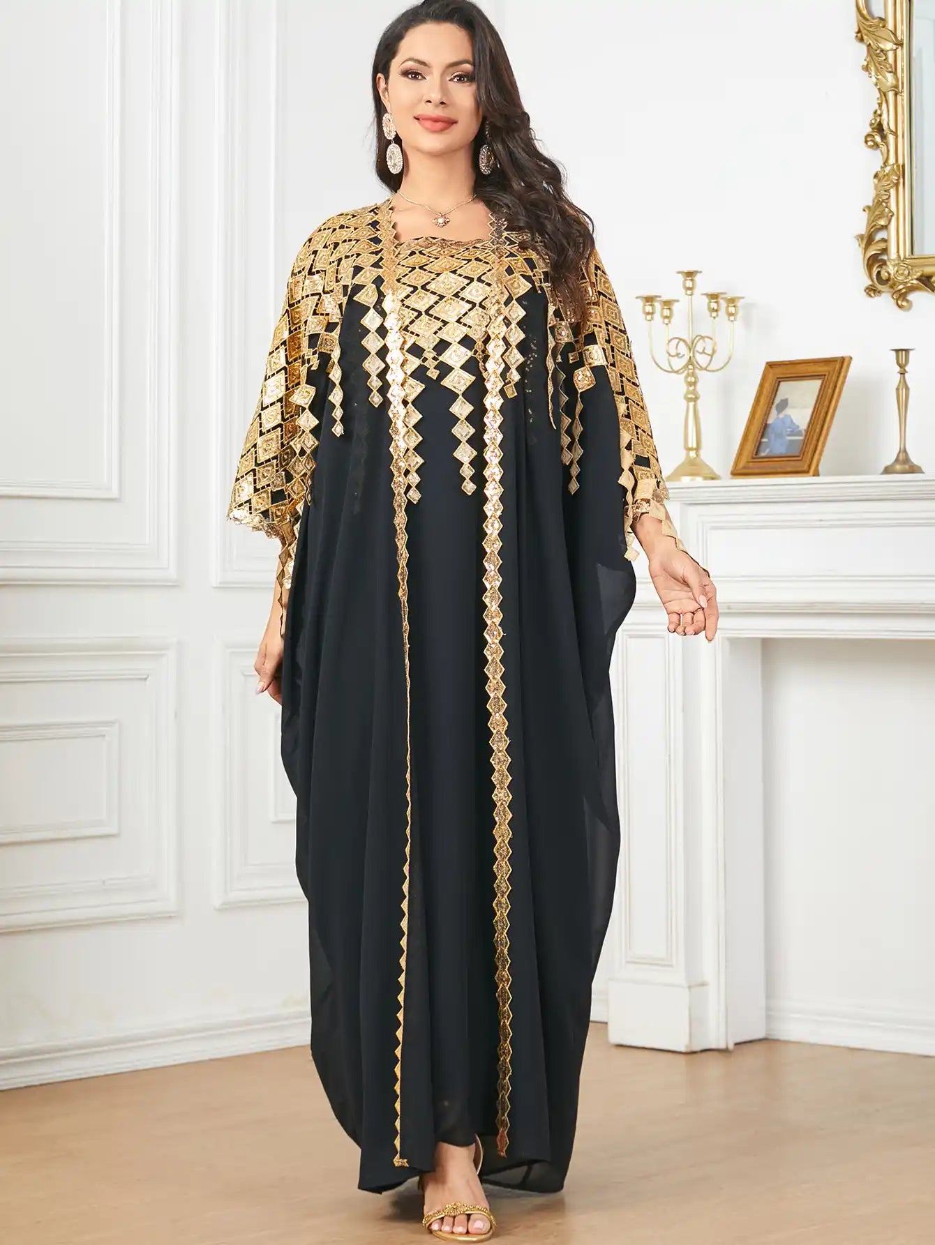 3906 Gold-colored Decorated Muslim Robe Loose Two-piece Dress