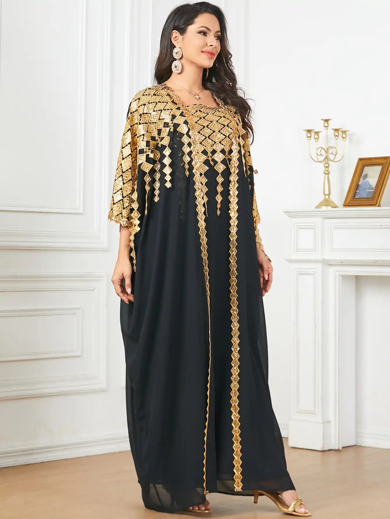 3906 Gold-colored Decorated Muslim Robe Loose Two-piece Dress