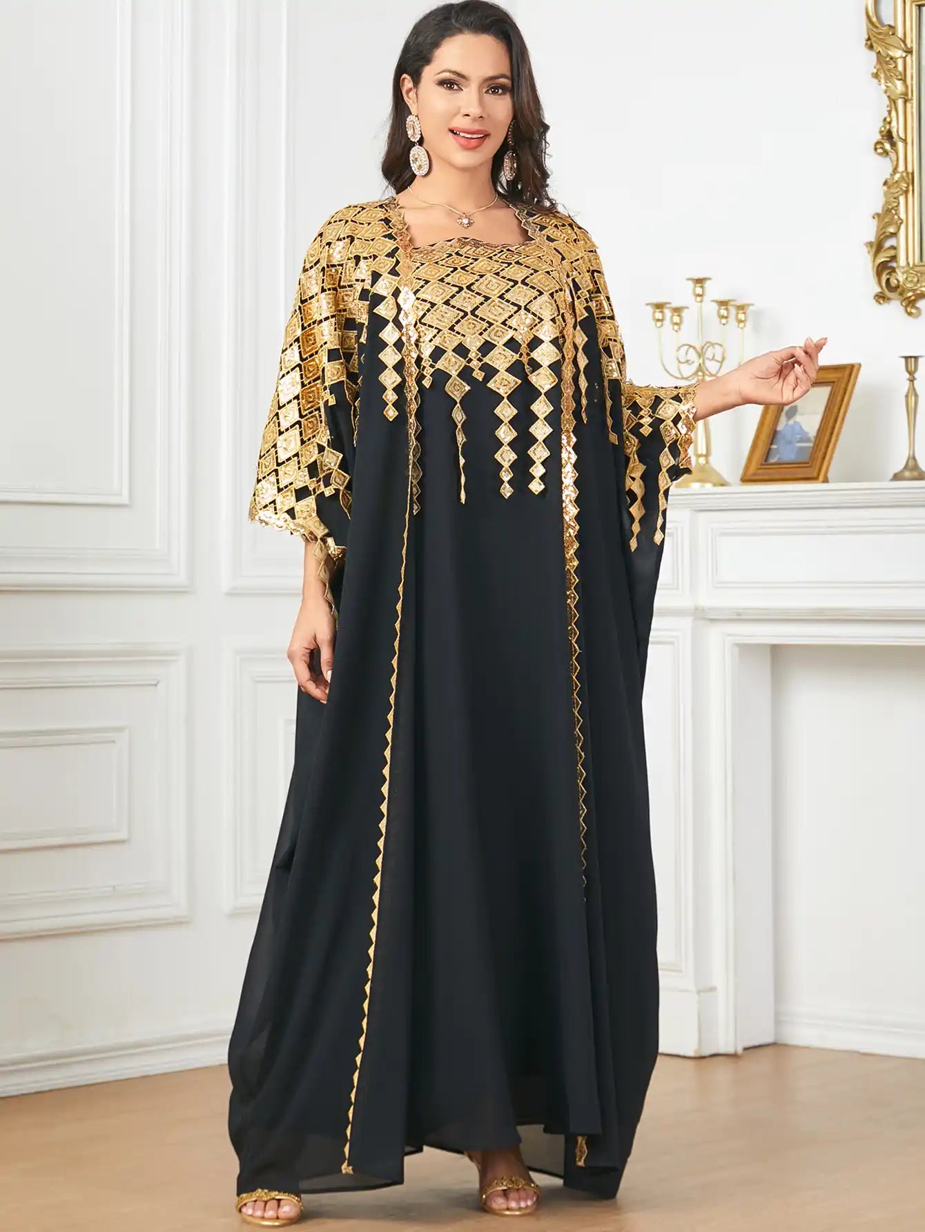 3906 Gold-colored Decorated Muslim Robe Loose Two-piece Dress