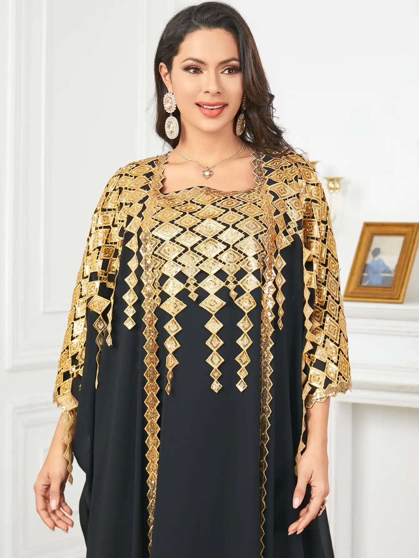 3906 Gold-colored Decorated Muslim Robe Loose Two-piece Dress