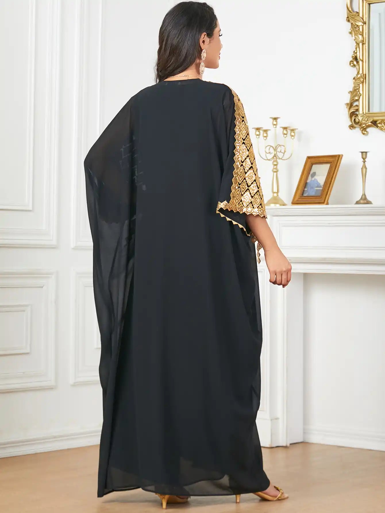 3906 Gold-colored Decorated Muslim Robe Loose Two-piece Dress