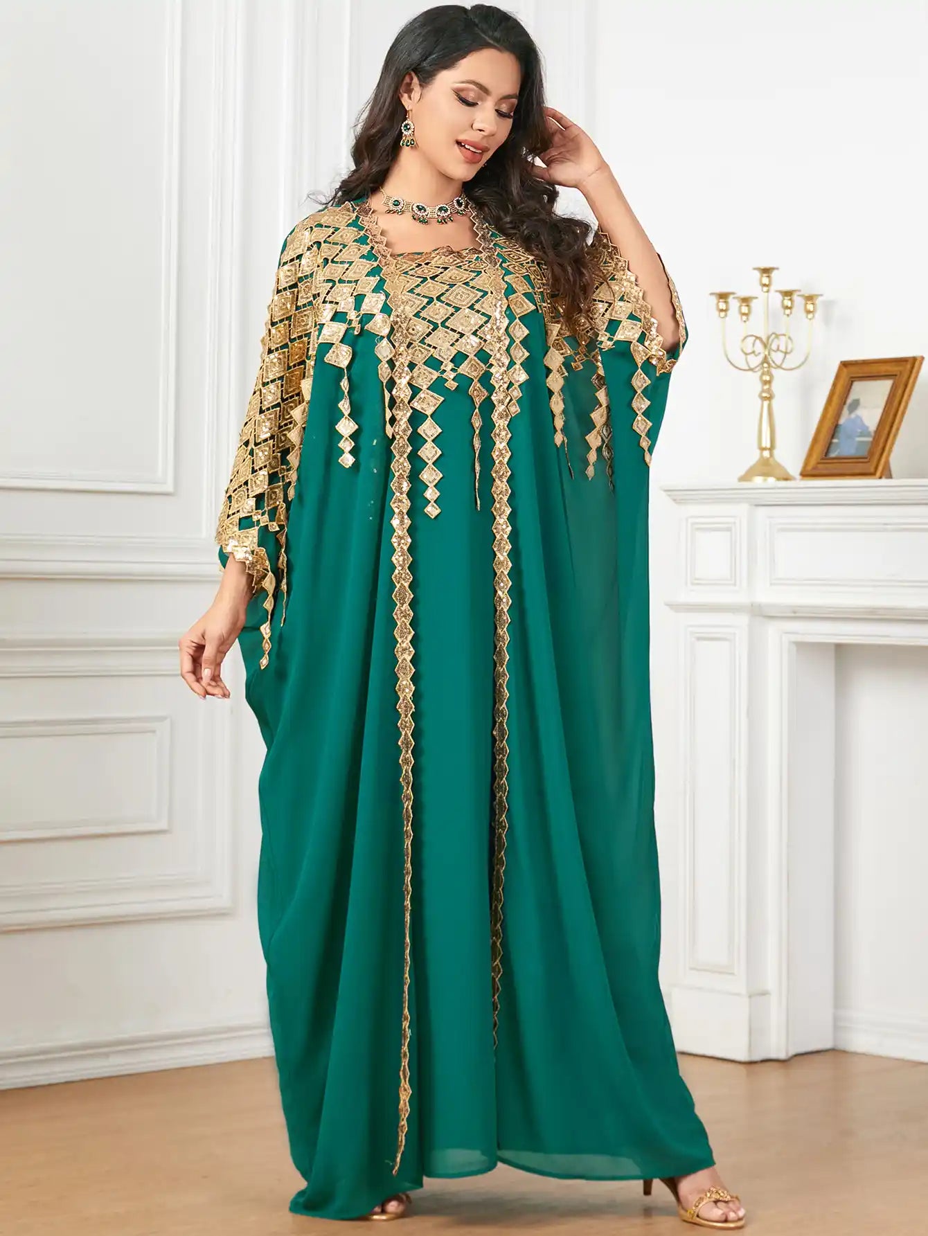 3906 Gold-colored Decorated Muslim Robe Loose Two-piece Dress