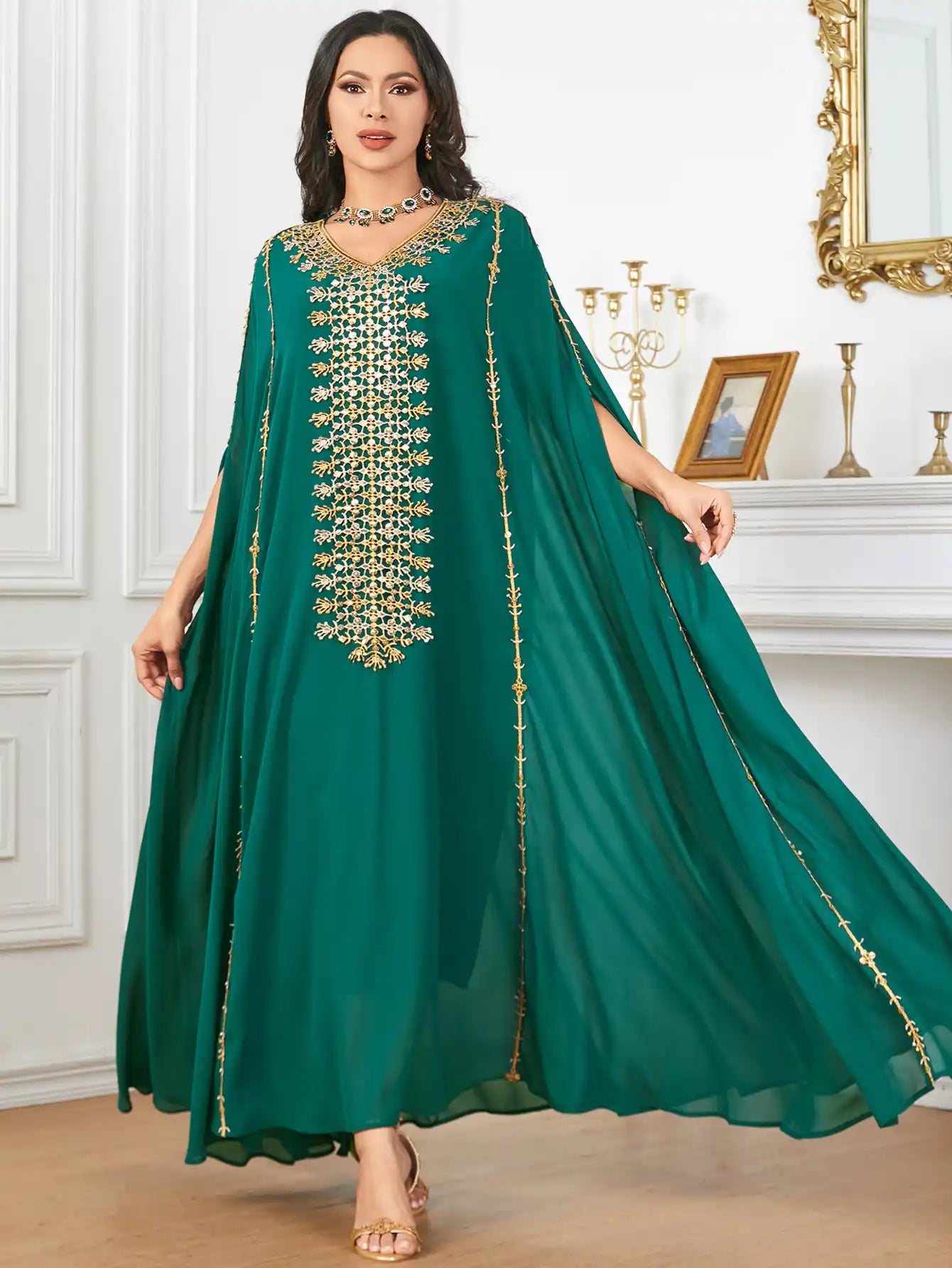 3907 Arabic Bat Sleeve Large Size Heavy Embroidery Dress