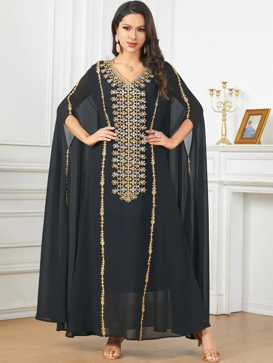 3907 Arabic Bat Sleeve Large Size Heavy Embroidery Dress