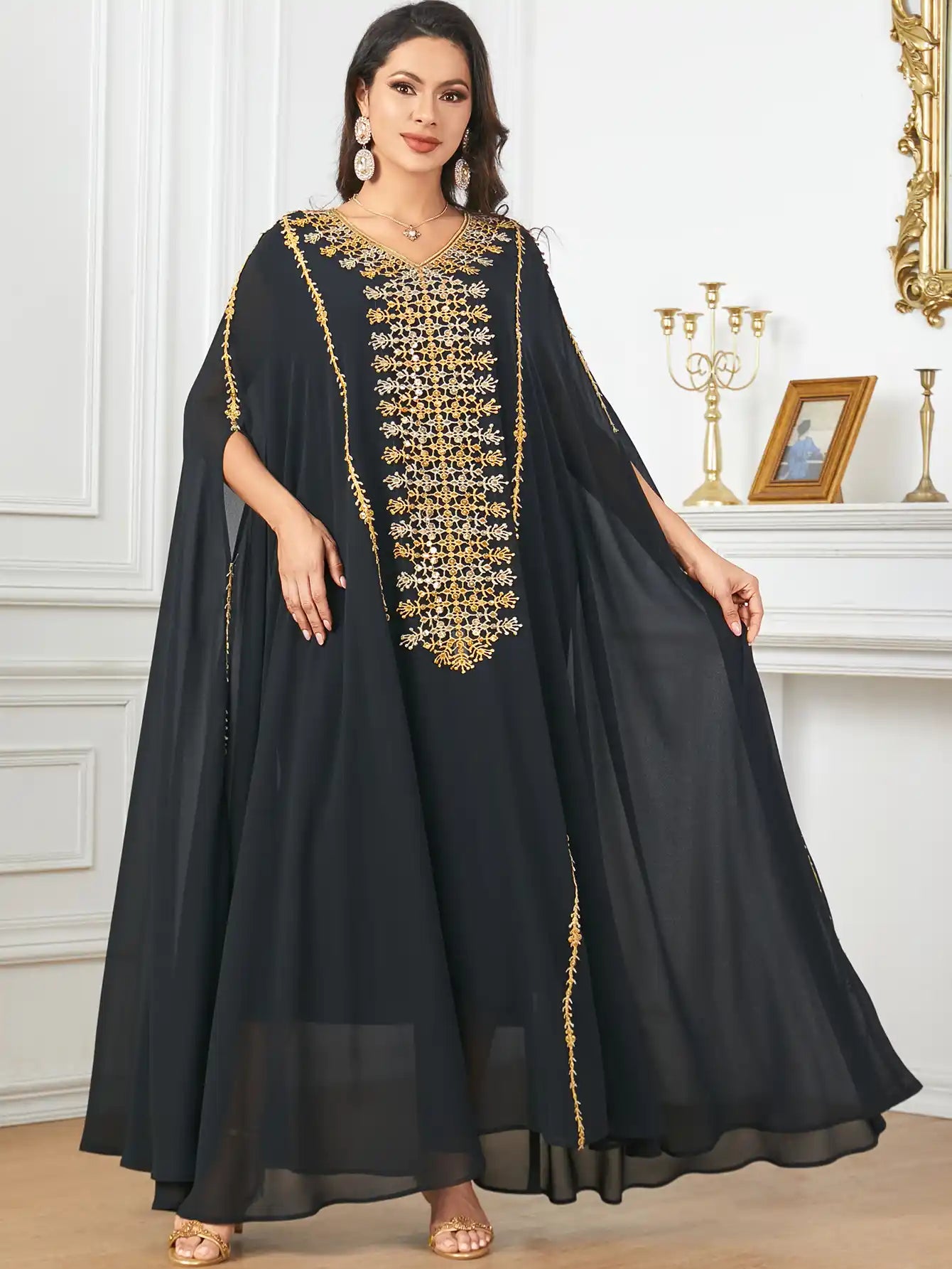 3907 Arabic Bat Sleeve Large Size Heavy Embroidery Dress