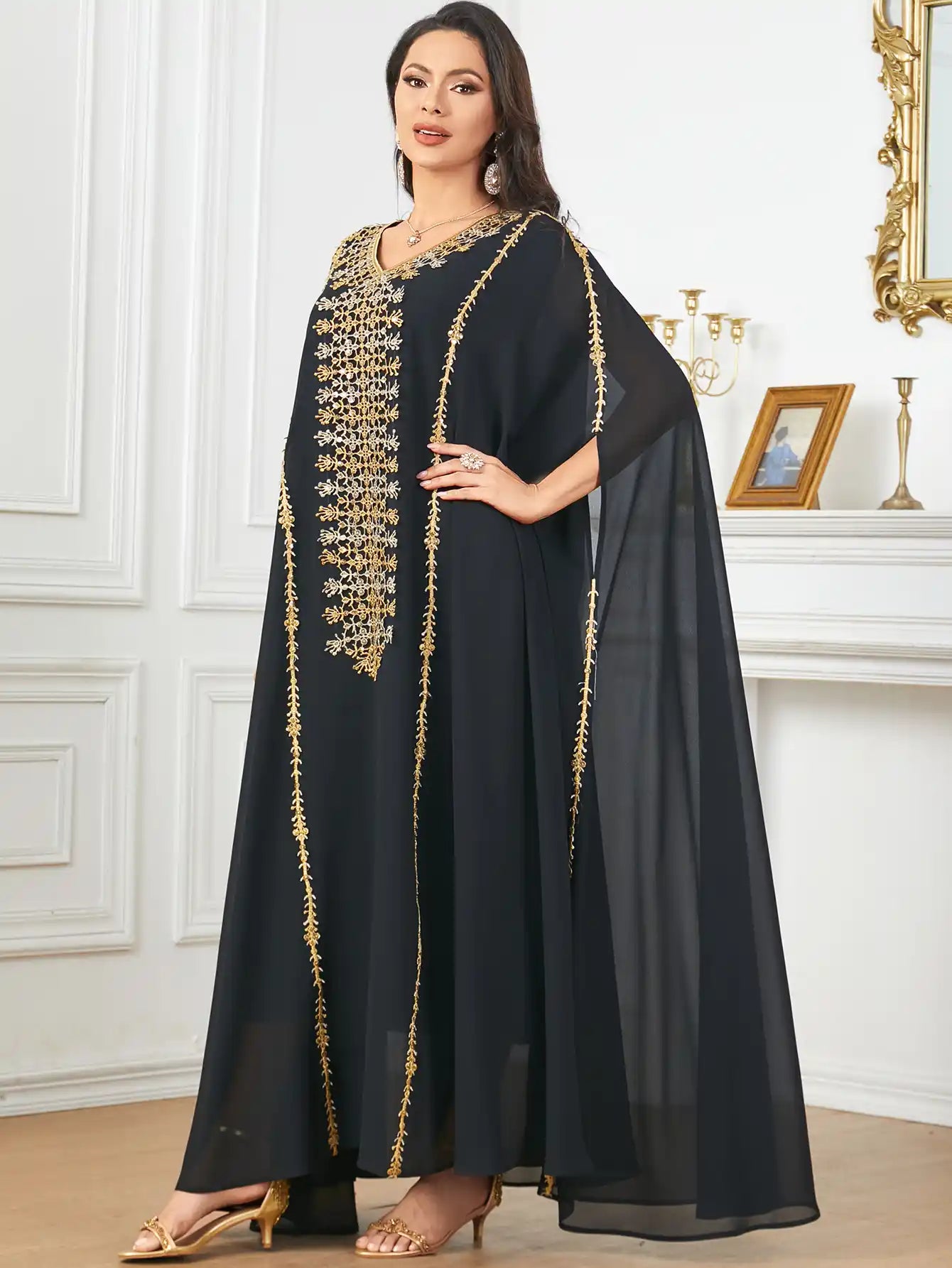 3907 Arabic Bat Sleeve Large Size Heavy Embroidery Dress