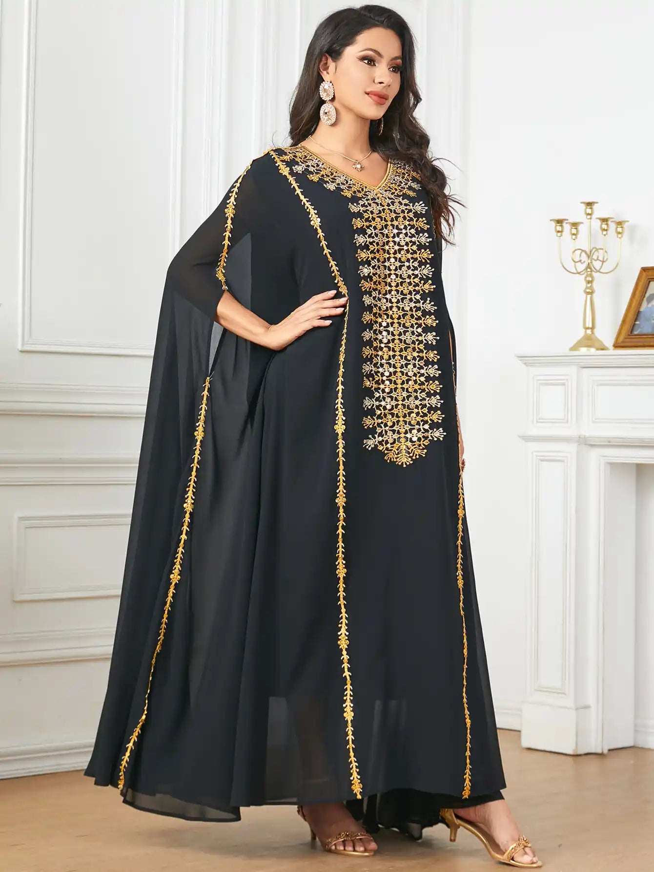 3907 Arabic Bat Sleeve Large Size Heavy Embroidery Dress