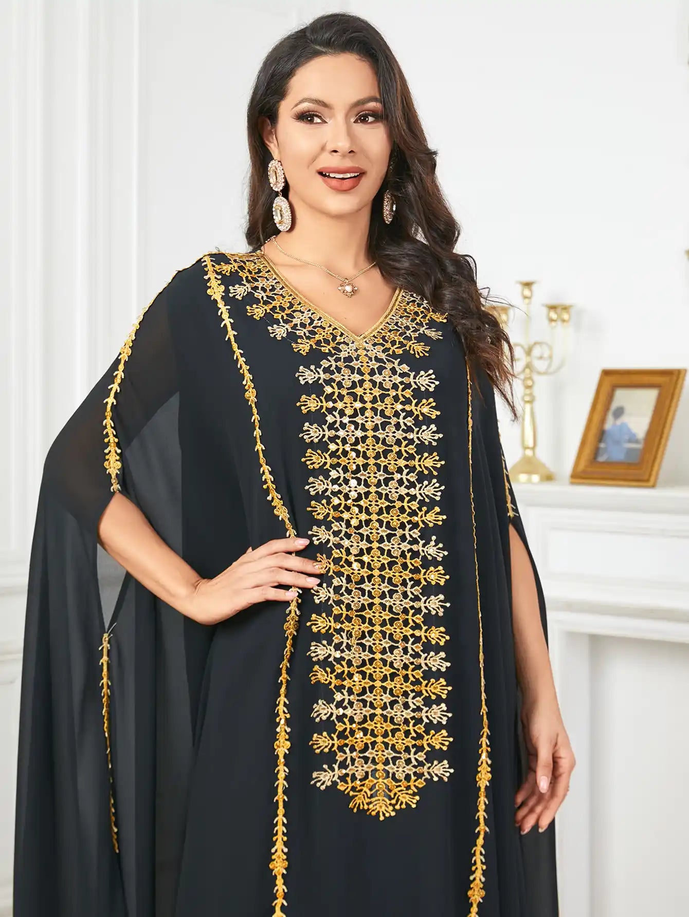 3907 Arabic Bat Sleeve Large Size Heavy Embroidery Dress