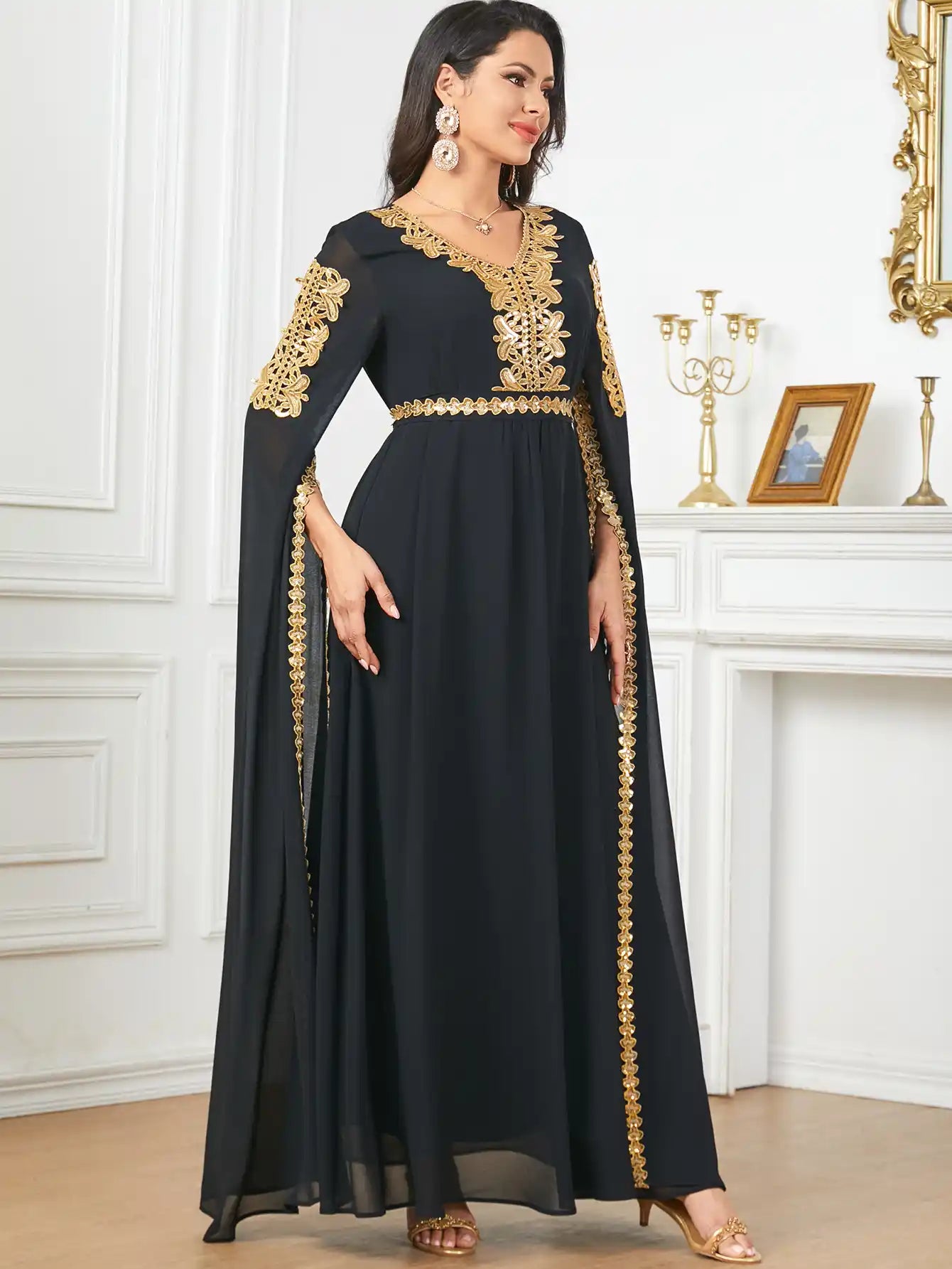 3918 Dubai Super Long Sleeve Stitching Dress Muslim Clothing