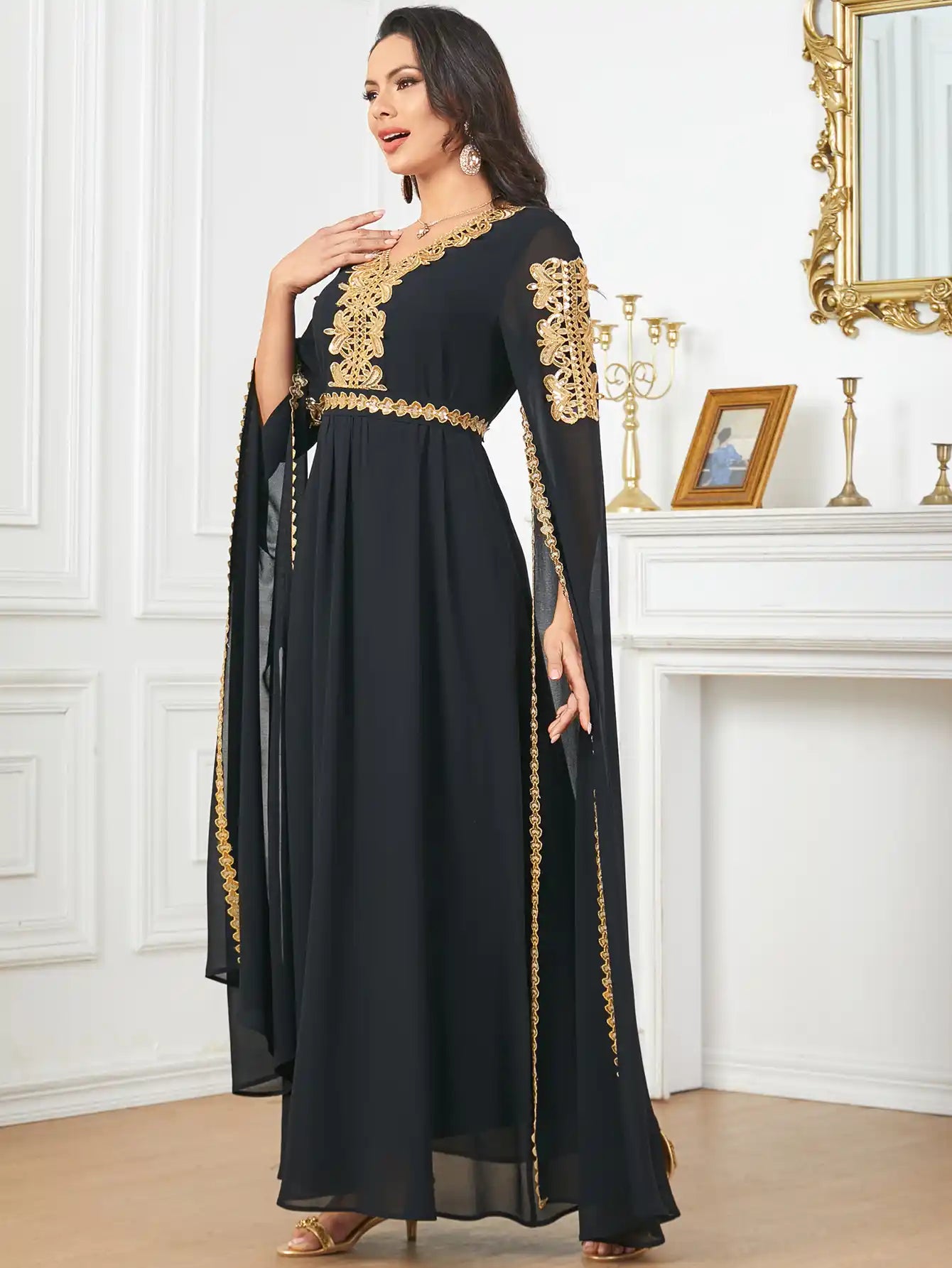 3918 Dubai Super Long Sleeve Stitching Dress Muslim Clothing