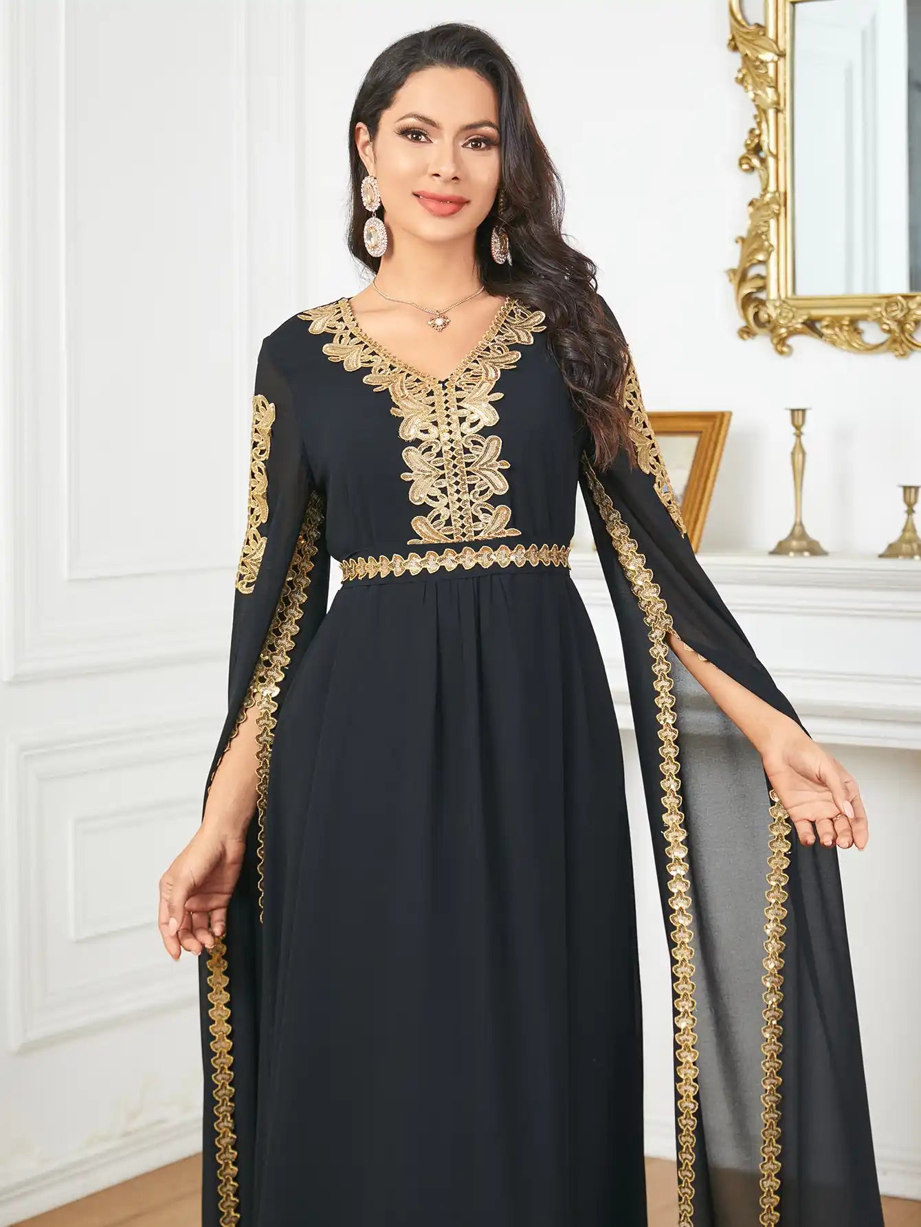 3918 Dubai Super Long Sleeve Stitching Dress Muslim Clothing