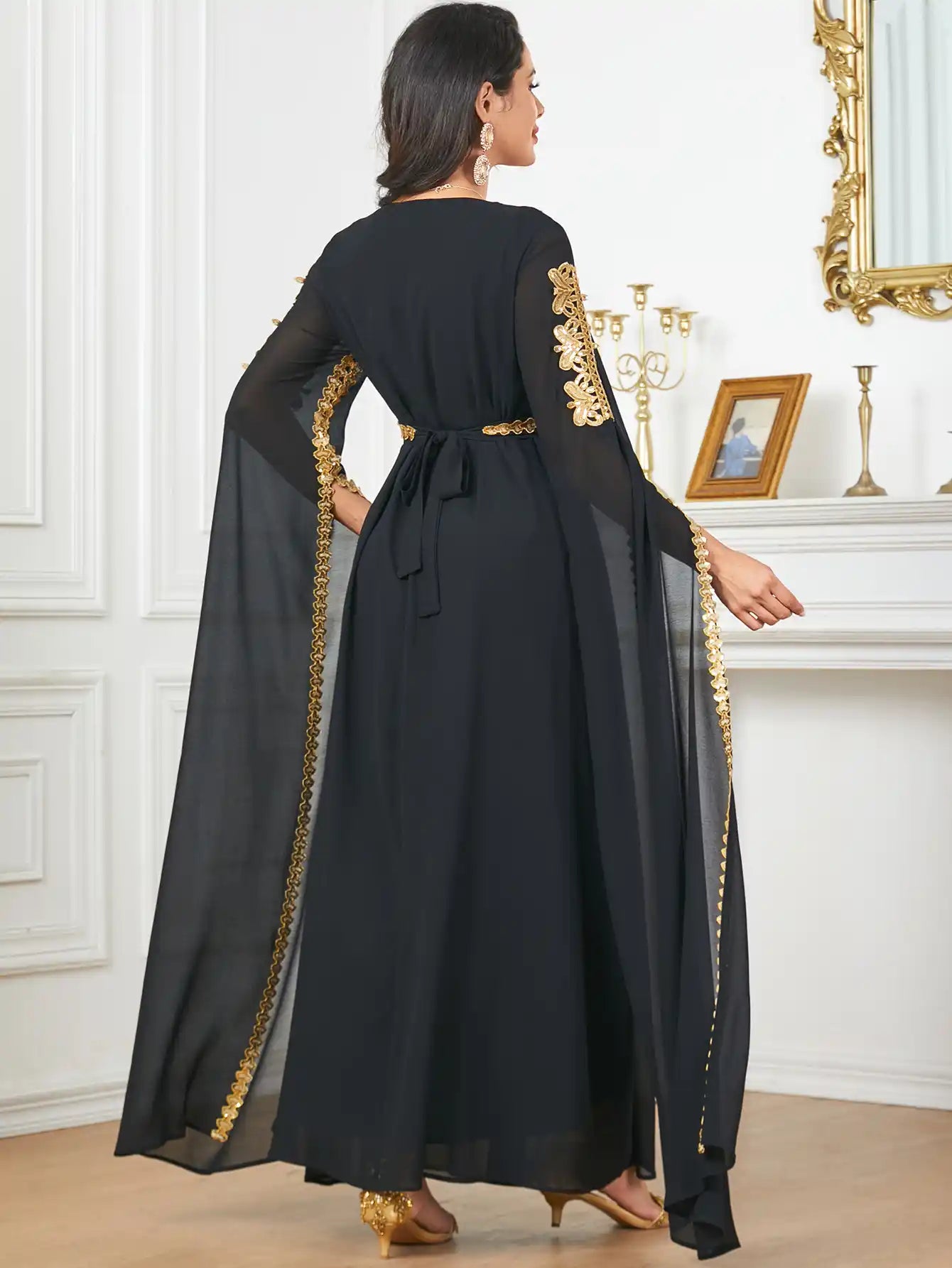 3918 Dubai Super Long Sleeve Stitching Dress Muslim Clothing