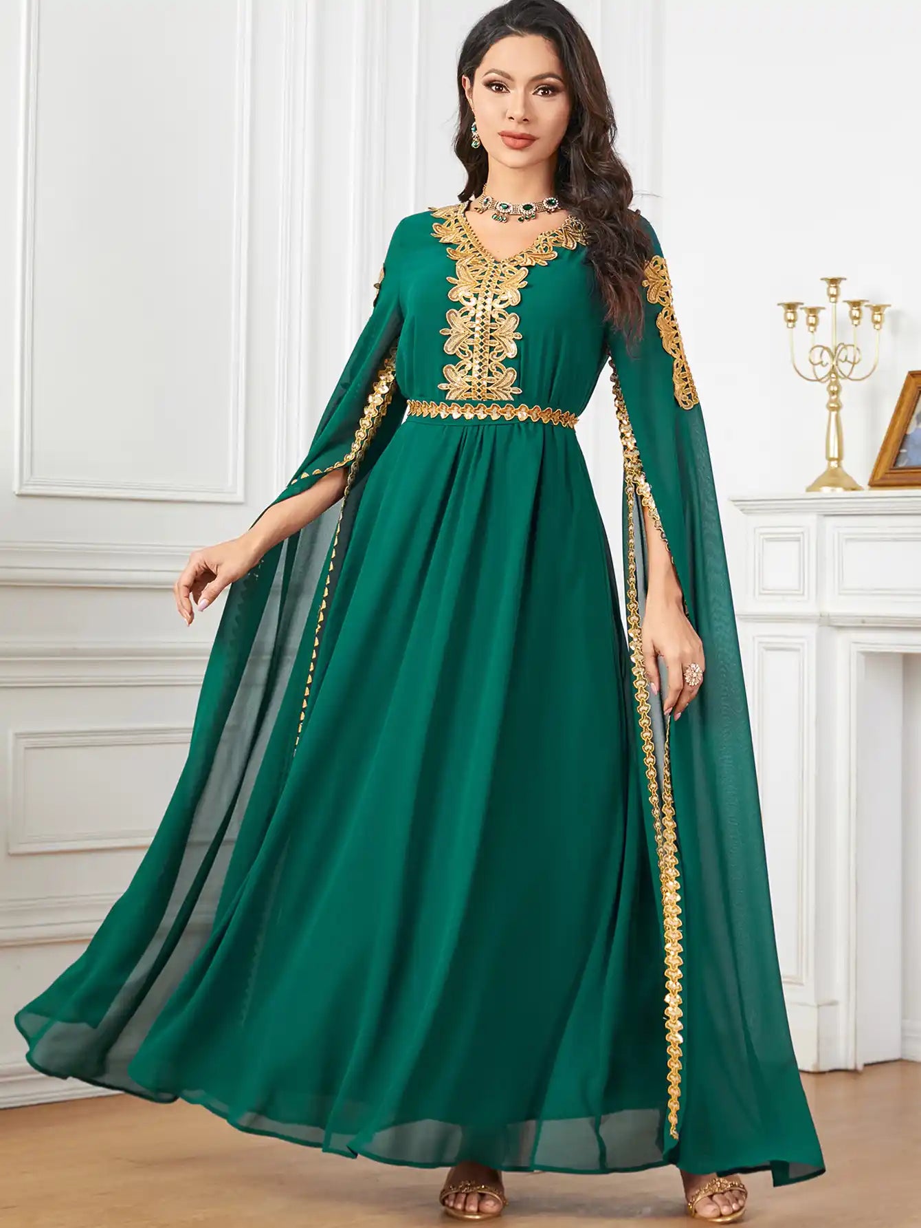 3918 Dubai Super Long Sleeve Stitching Dress Muslim Clothing