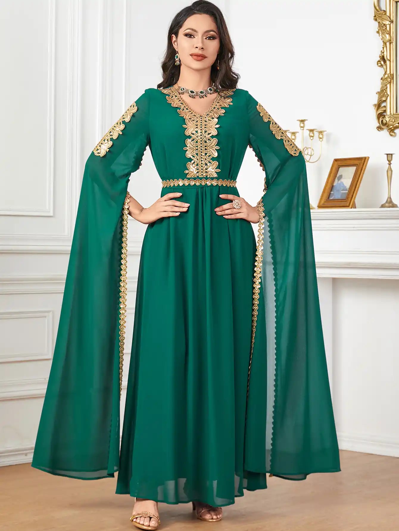 3918 Dubai Super Long Sleeve Stitching Dress Muslim Clothing