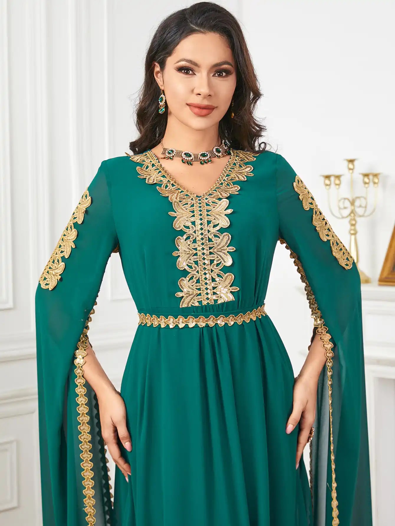 3918 Dubai Super Long Sleeve Stitching Dress Muslim Clothing