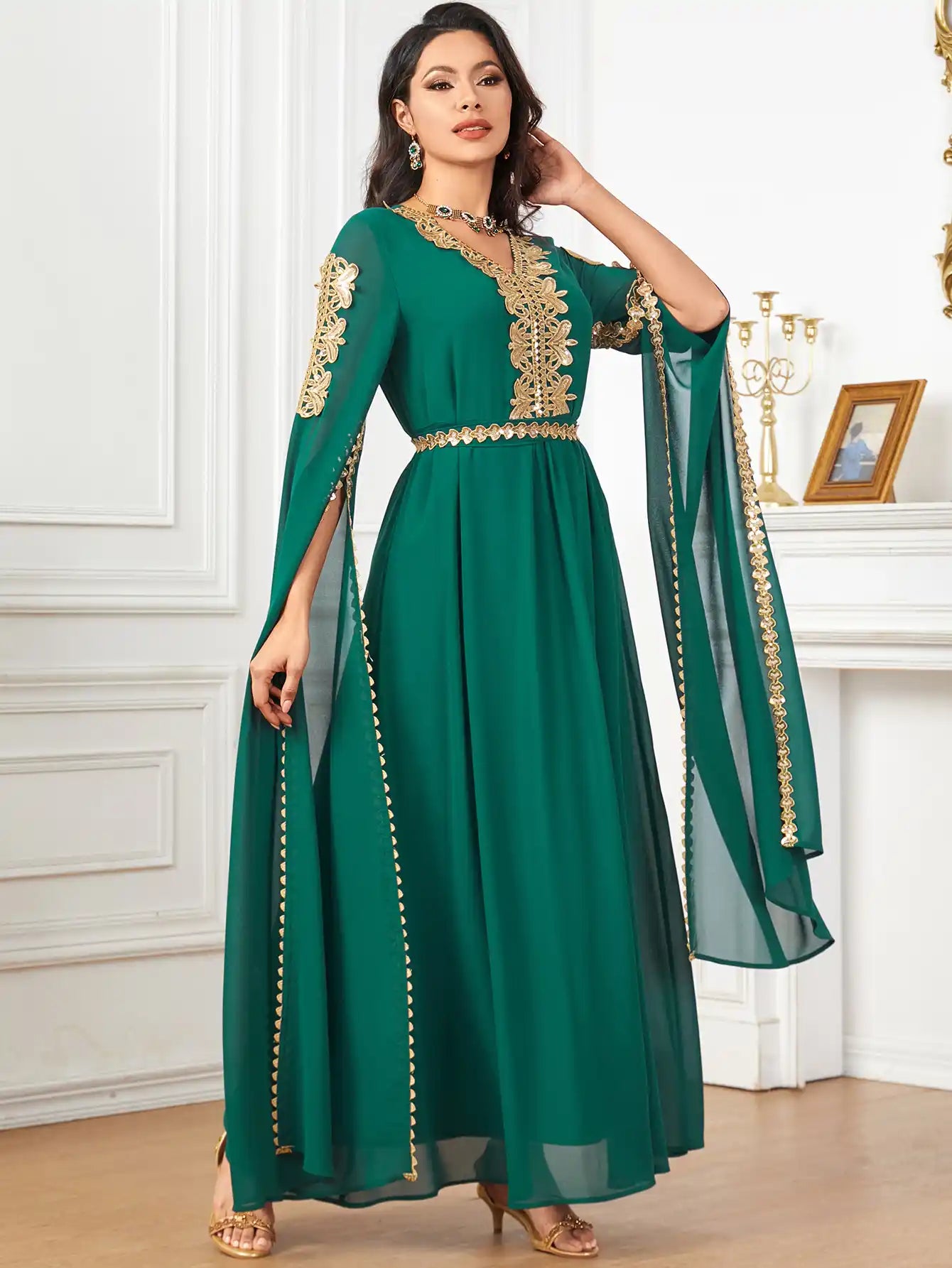 3918 Dubai Super Long Sleeve Stitching Dress Muslim Clothing